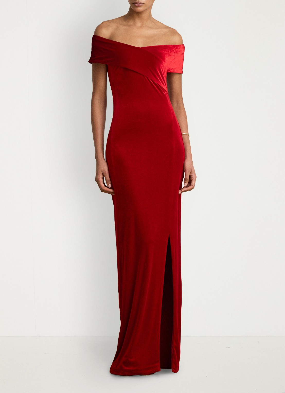 Ralph Lauren Off shoulder maxi jurk van fluweel met split - voorkant 2 lauren red velvet / rood
