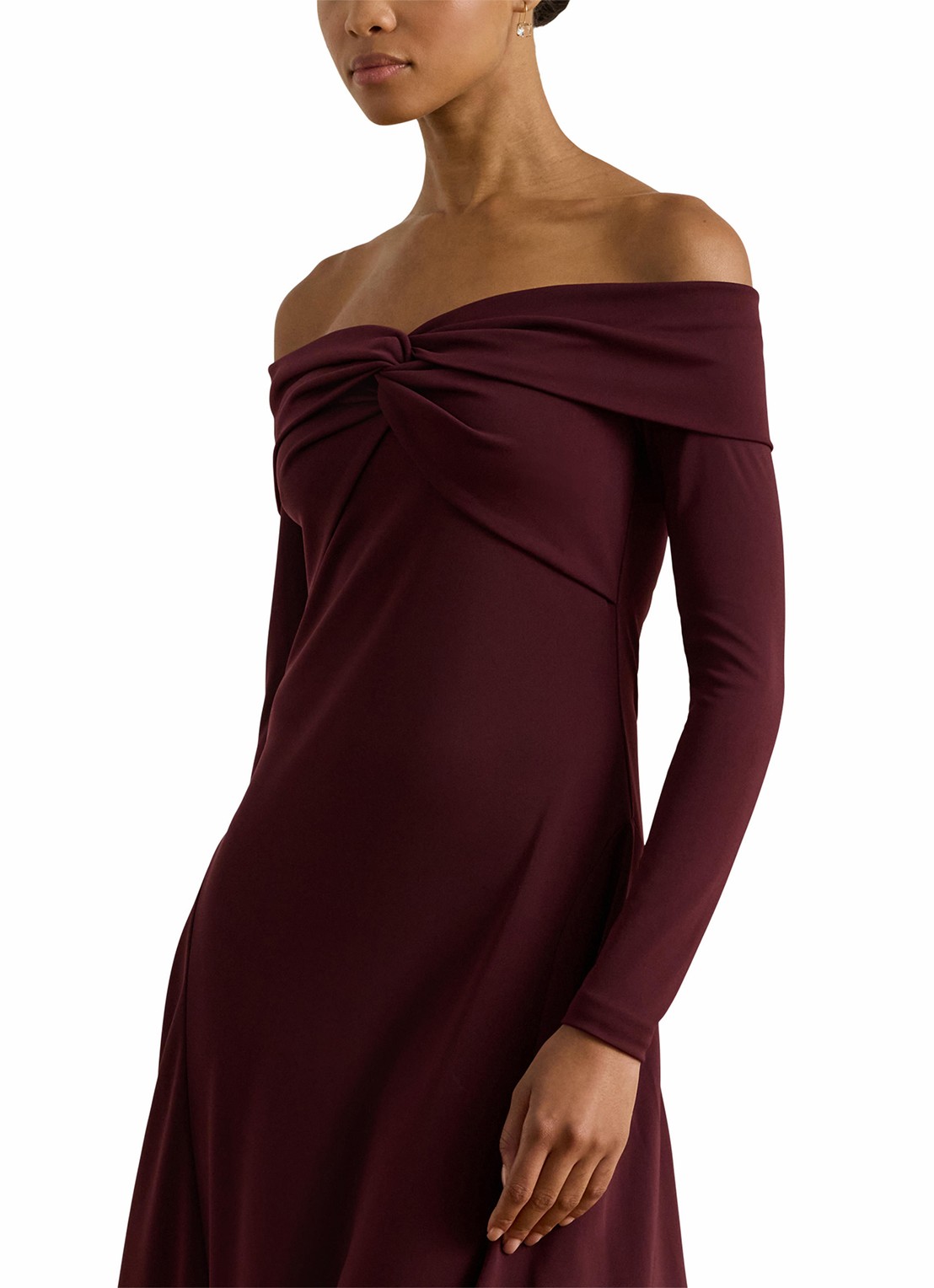 Ralph Lauren Off shoulder midi jurk met plooidetails - detail 4 dark garnet / bordeauxrood
