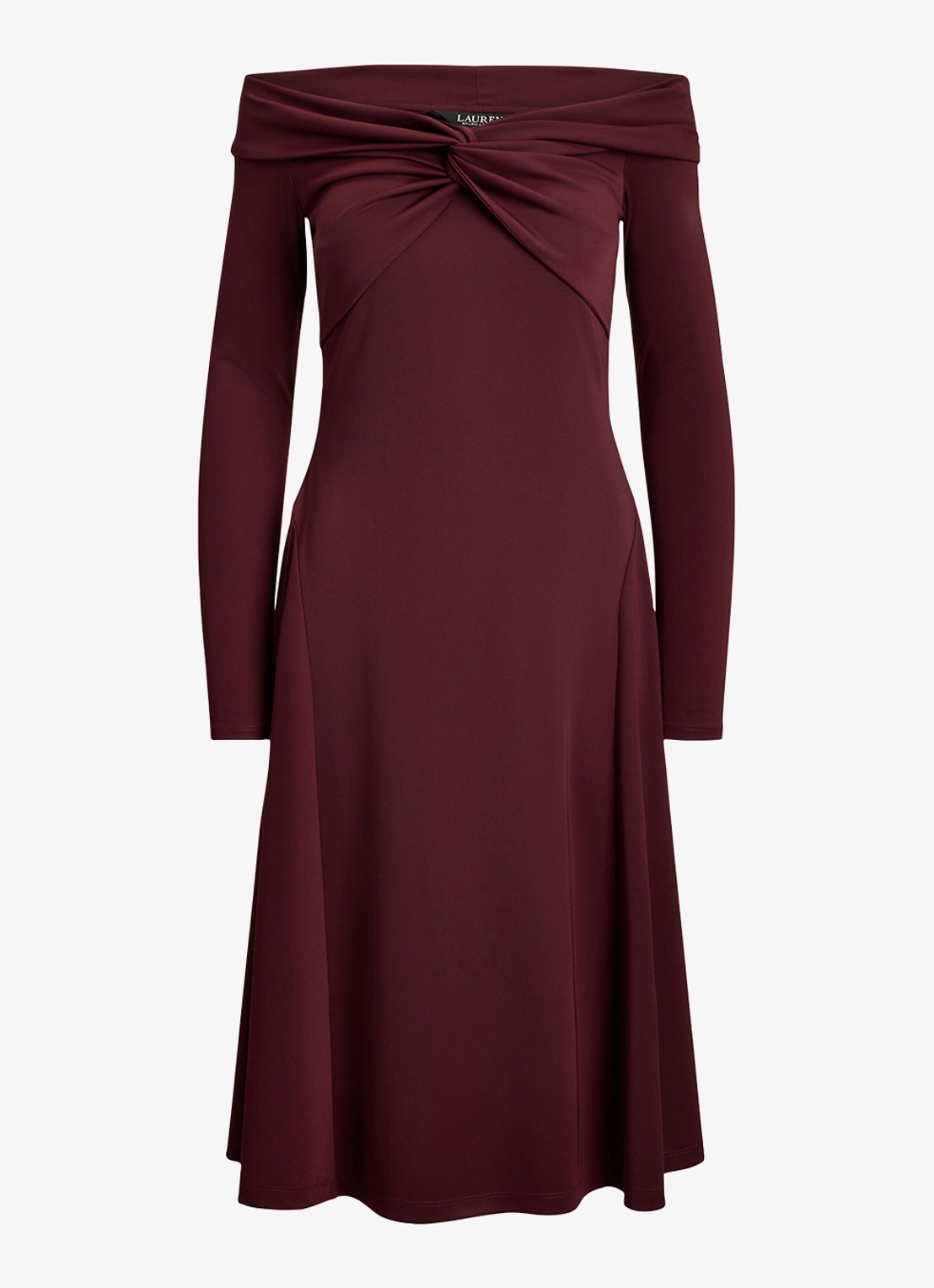 Ralph Lauren Off shoulder midi jurk met plooidetails - voorkant 2 dark garnet / bordeauxrood