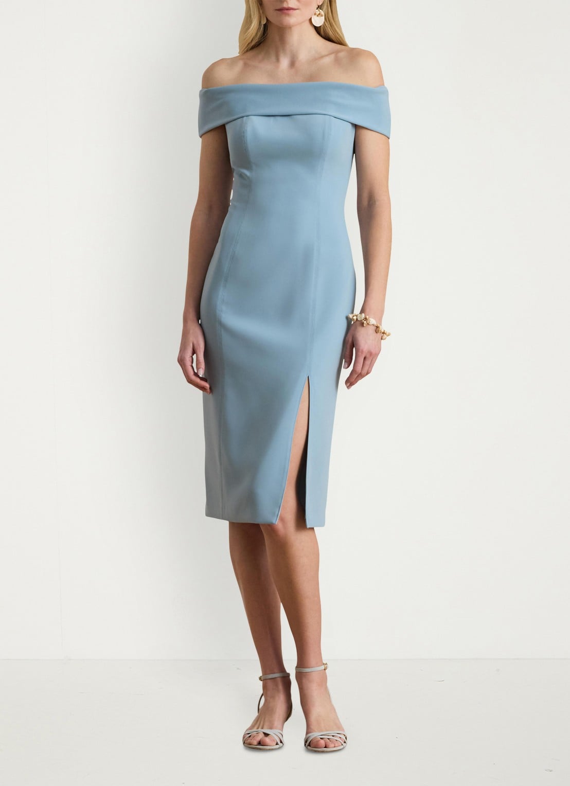 Ralph Lauren Off-shoulder midi jurk met split - voorkant 3 blue note / blauw
