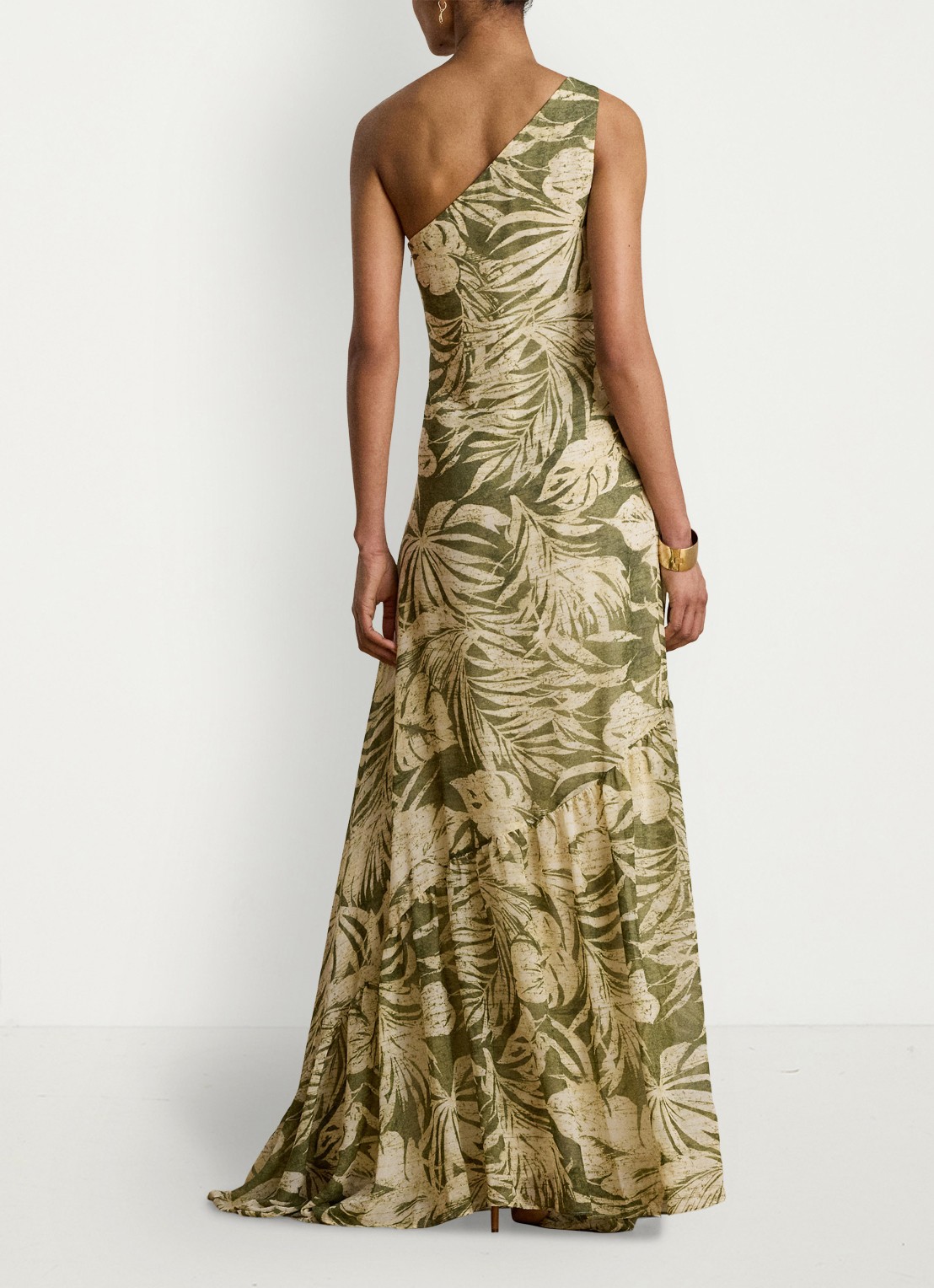 Ralph Lauren One shoulder maxi jurk met bladprint - achterkant 3 olive multi / groen