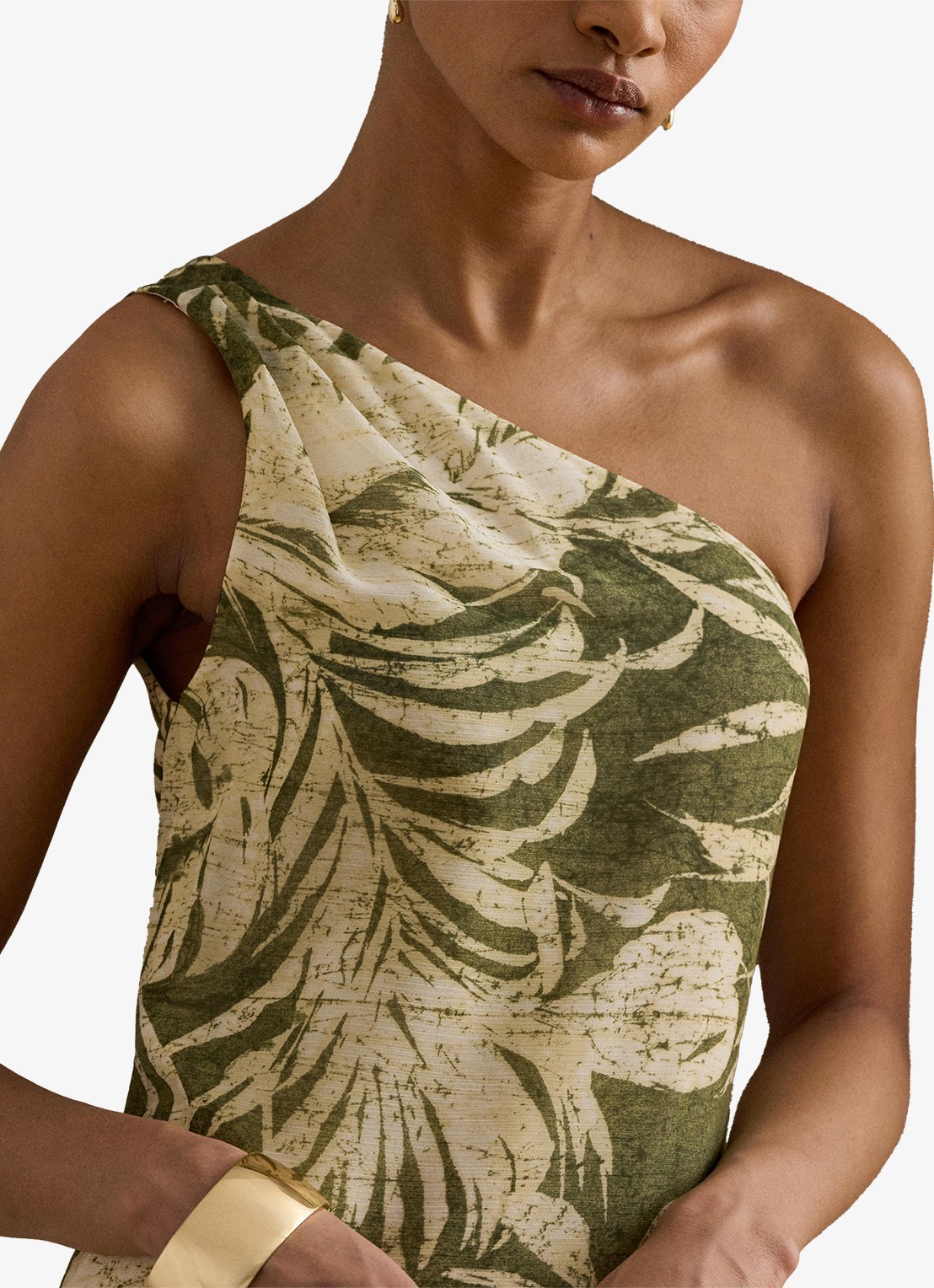 Ralph Lauren One shoulder maxi jurk met bladprint - detail 4 olive multi / groen