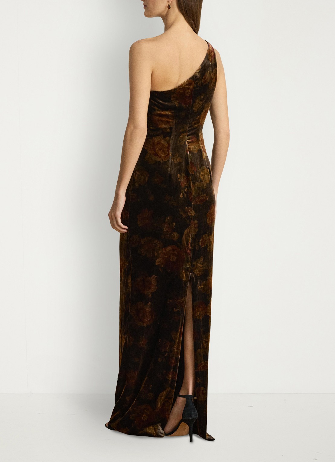 Ralph Lauren One shoulder maxi jurk met bloemenprint - achterkant 3 brown multi / bruin