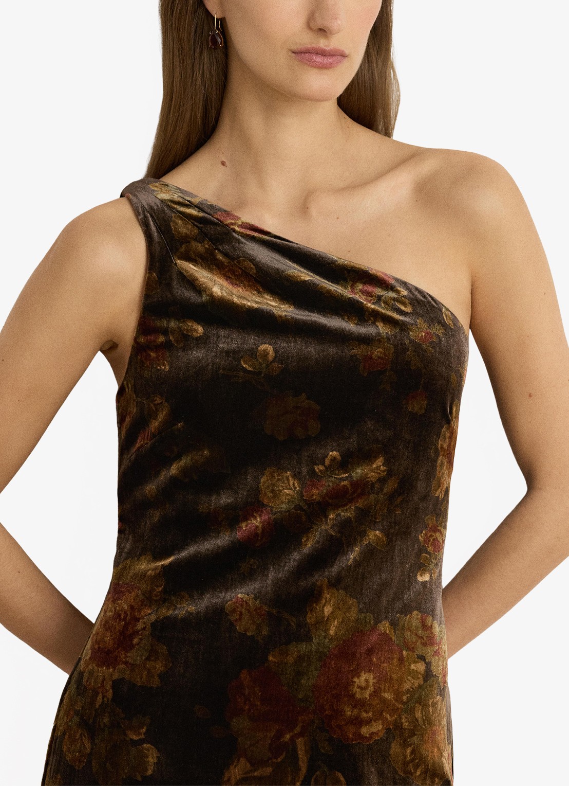 Ralph Lauren One shoulder maxi jurk met bloemenprint - detail 2 brown multi / bruin