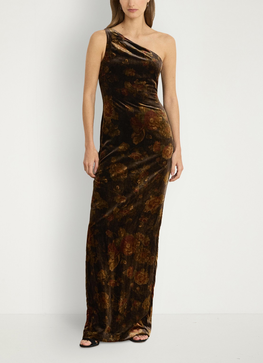 Ralph Lauren One shoulder maxi jurk met bloemenprint - voorkant 5 brown multi / bruin