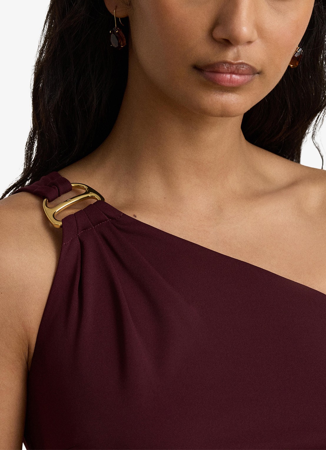 Ralph Lauren One shoulder maxi jurk met gespdetail - detail 3 dark garnet / bordeauxrood