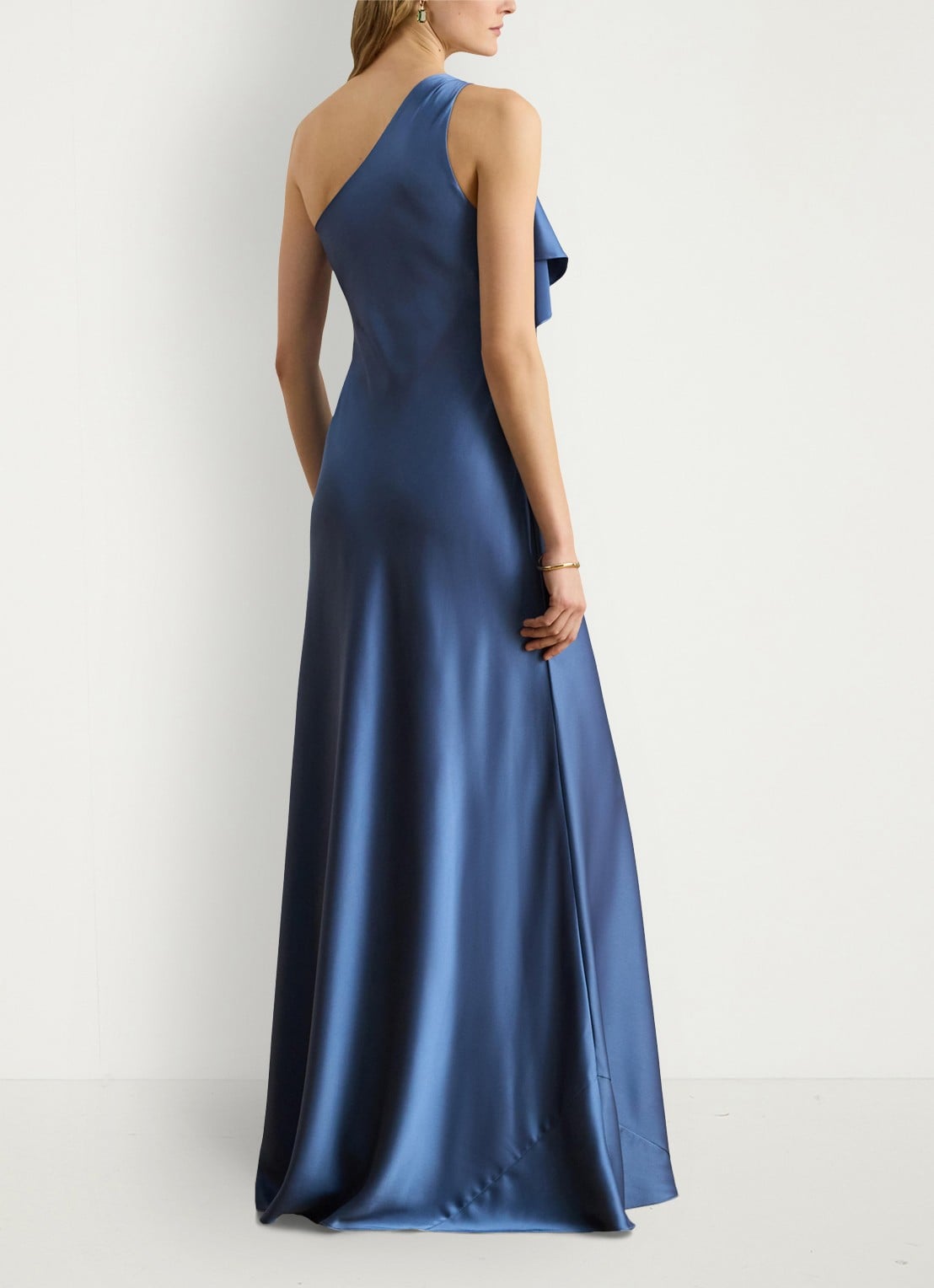Ralph Lauren One shoulder maxi jurk met volant - achterkant carson blue / blauw