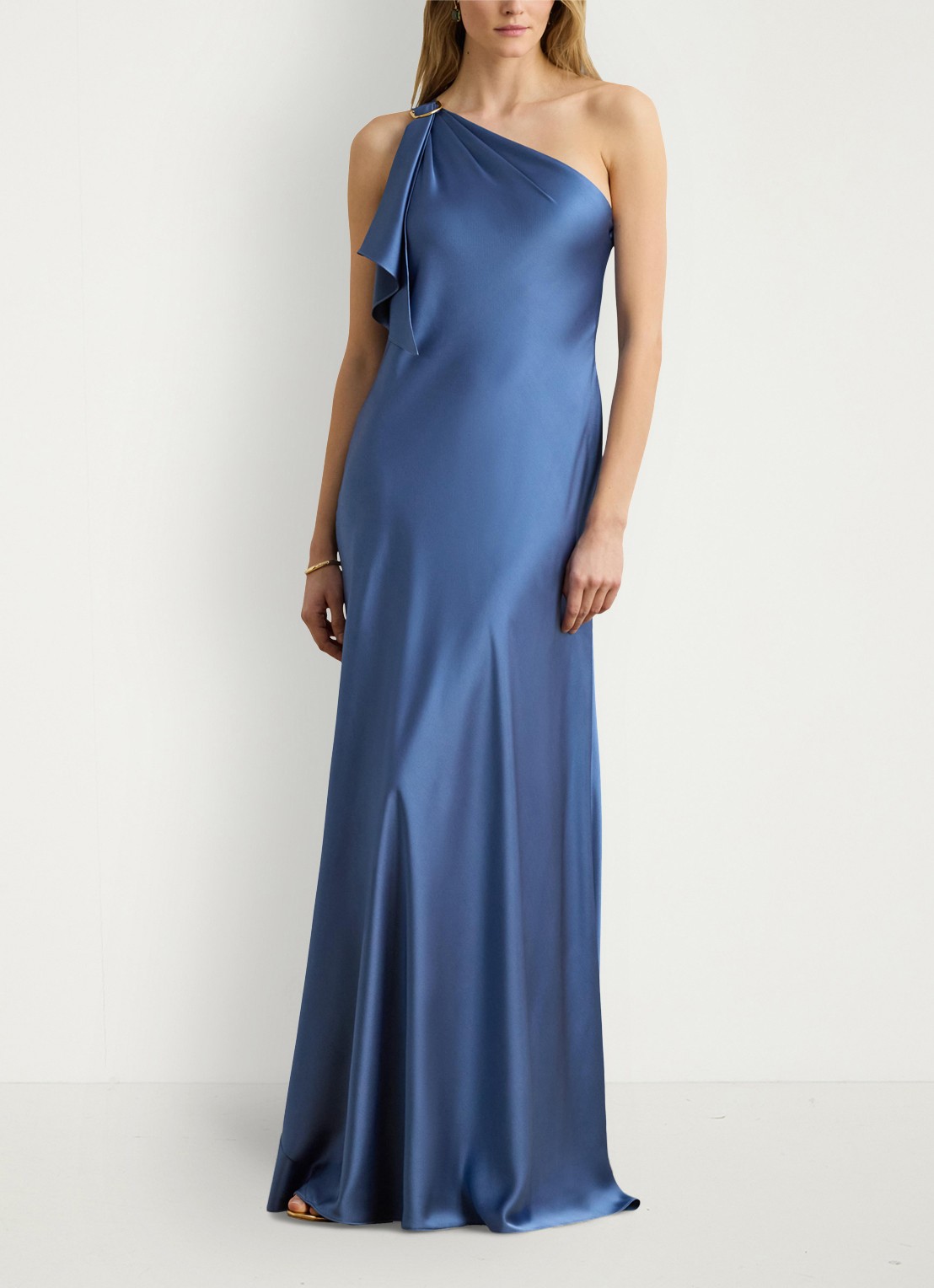 Ralph Lauren One shoulder maxi jurk met volant - voorkant 3 carson blue / blauw