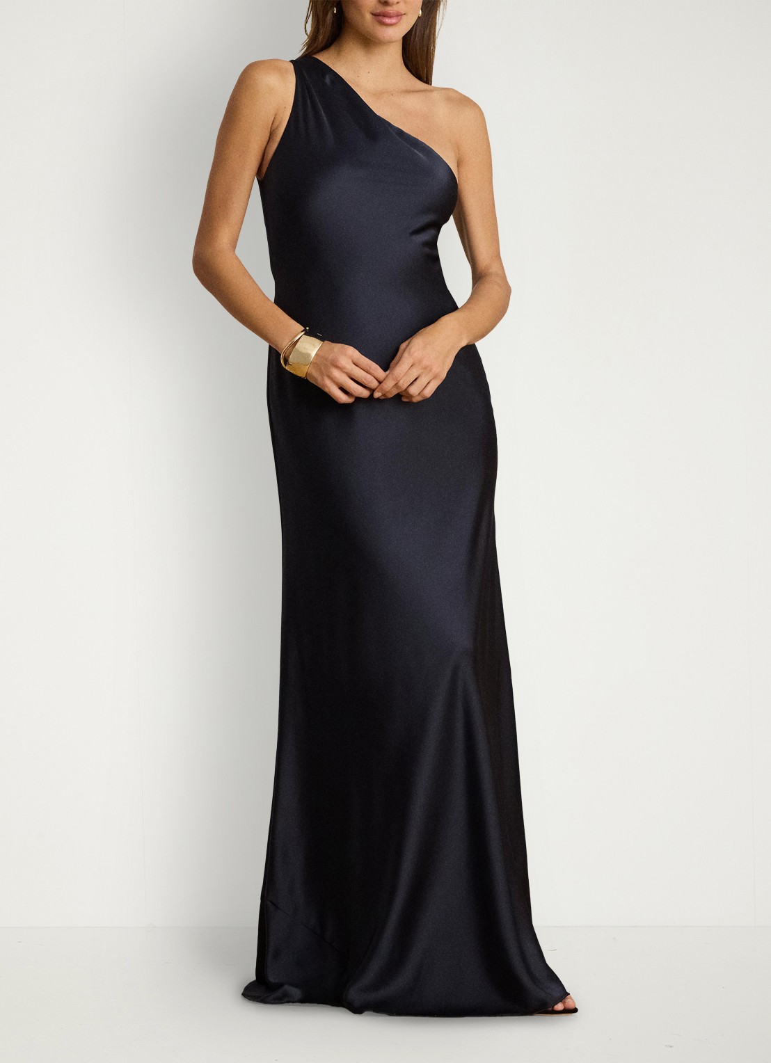 Ralph Lauren One shoulder maxi jurk van satijn - voorkant 2 lauren navy / blauw