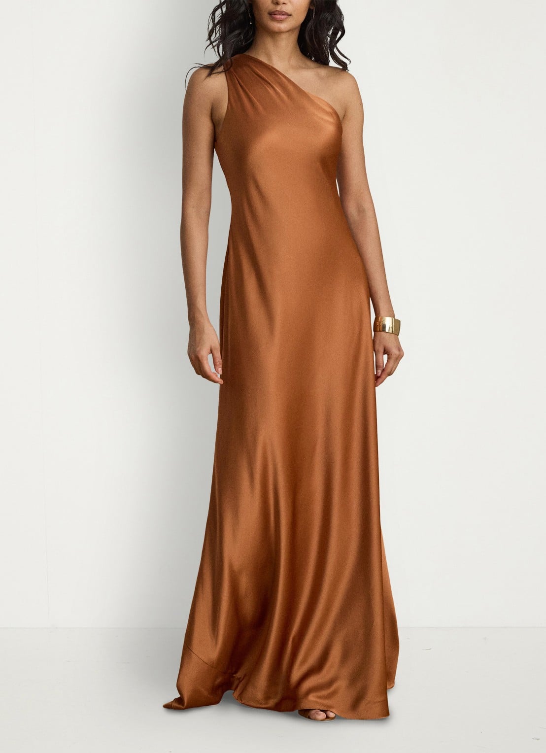 Ralph Lauren One shoulder maxi jurk van satijn - voorkant 3 red terracotta / rood