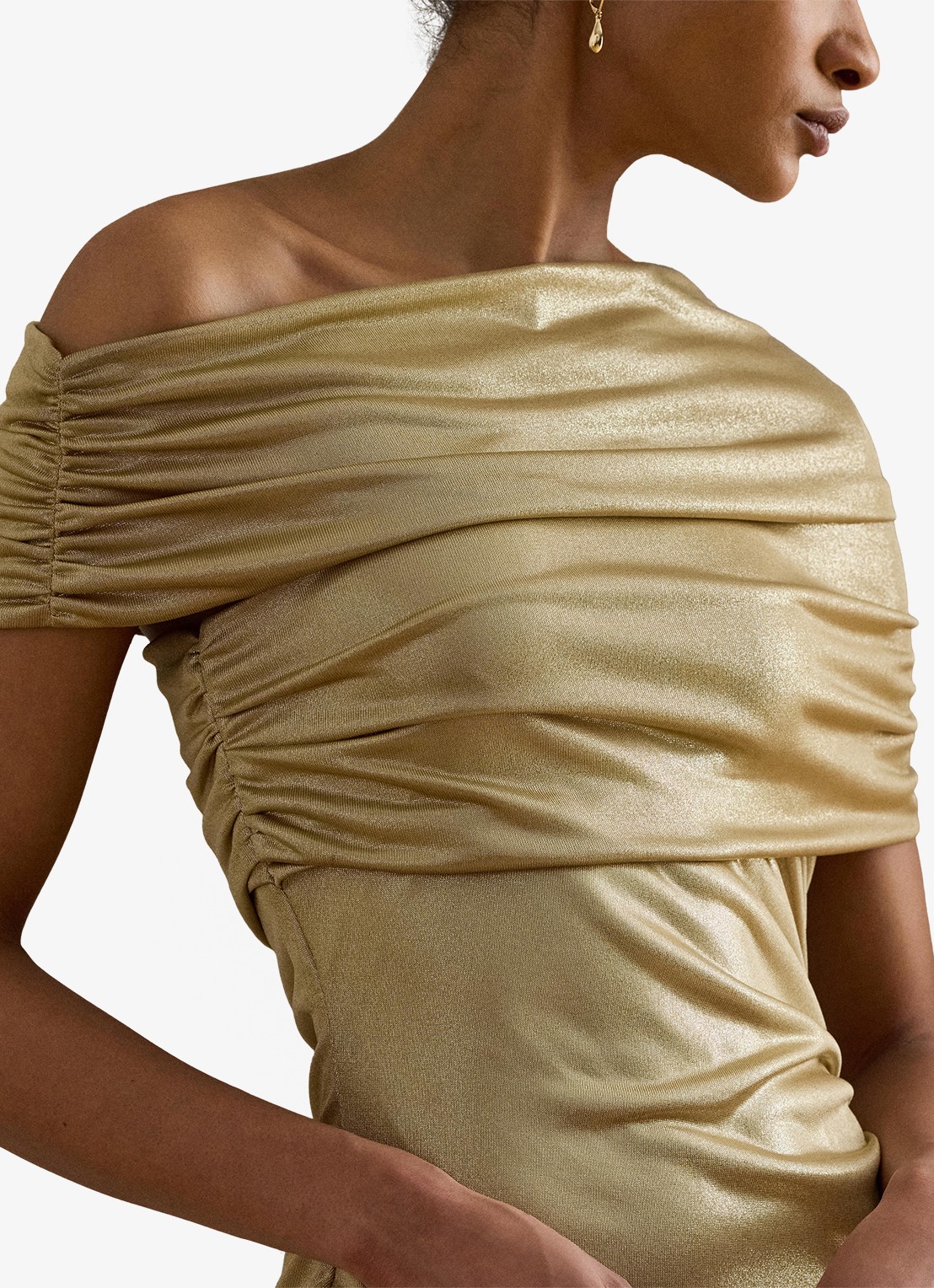 Ralph Lauren One shoulder midi jurk met metallic finish - detail 3 birch tan/gold foil / beige