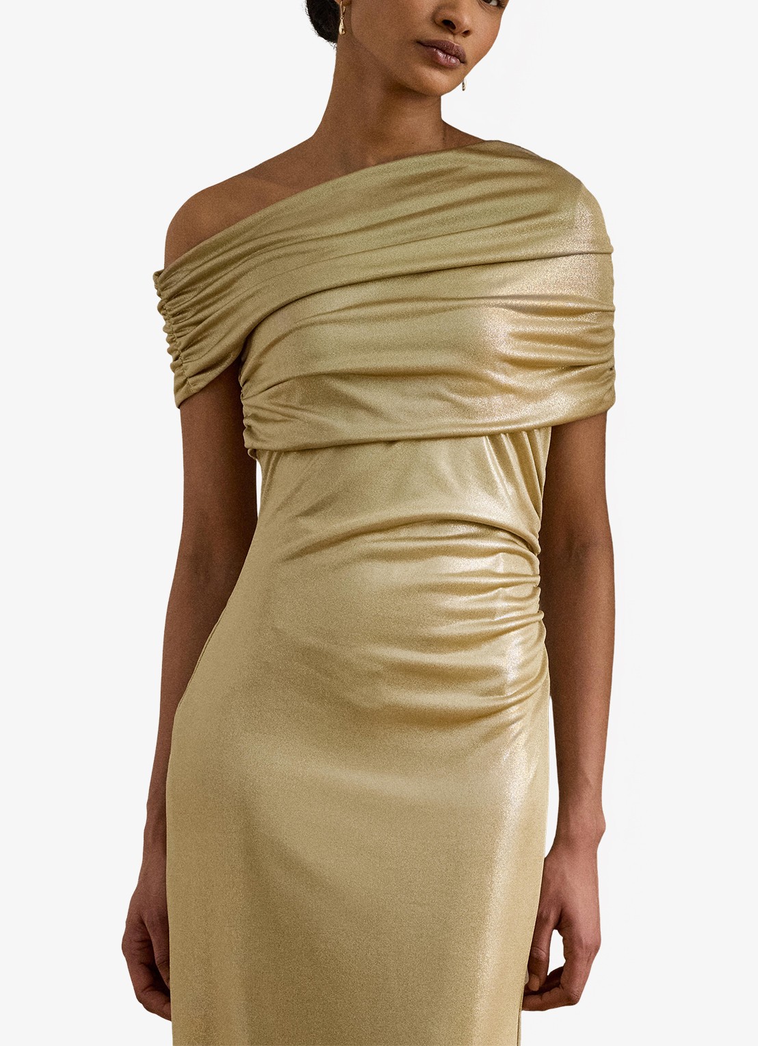 Ralph Lauren One shoulder midi jurk met metallic finish - detail 4 birch tan/gold foil / beige