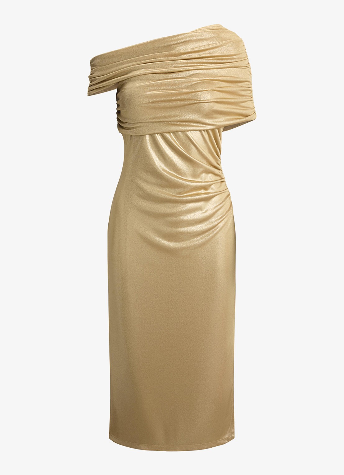 Ralph Lauren One shoulder midi jurk met metallic finish - voorkant birch tan/gold foil / beige