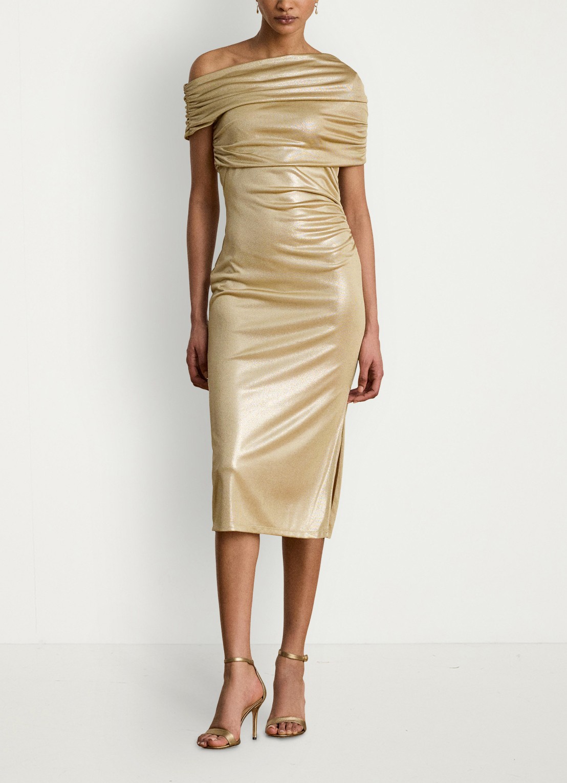 Ralph Lauren One shoulder midi jurk met metallic finish - voorkant 2 birch tan/gold foil / beige