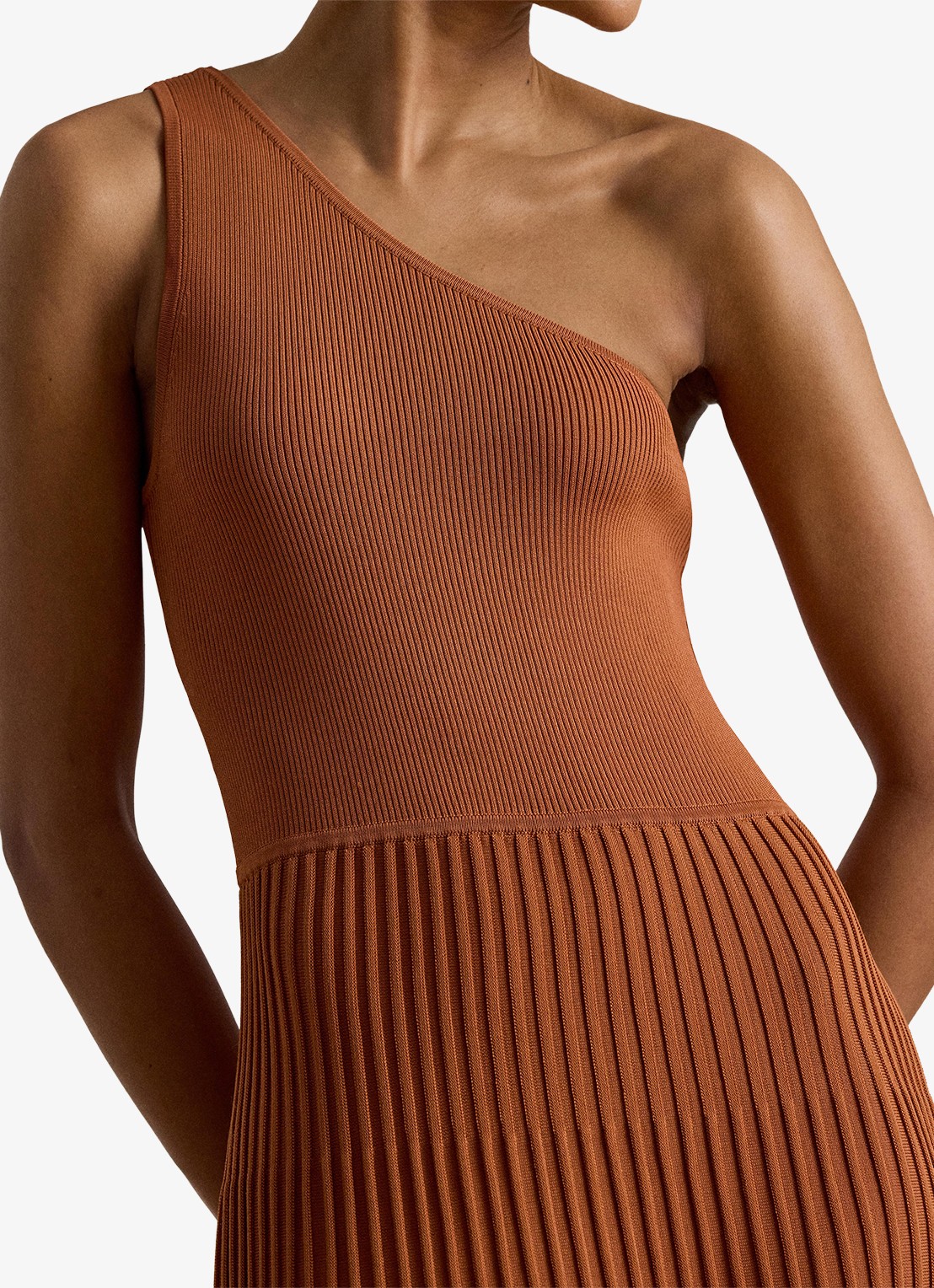 Ralph Lauren One shoulder midi jurk met ribstructuur - detail 4 red terracotta / rood