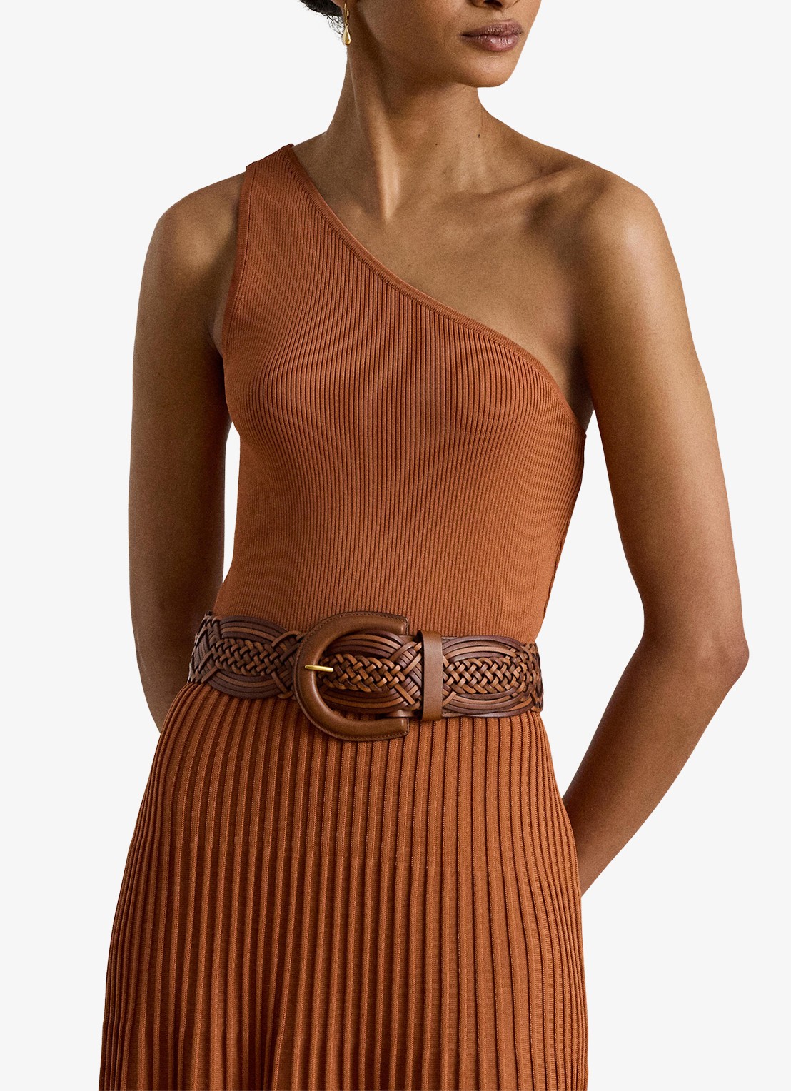 Ralph Lauren One shoulder midi jurk met ribstructuur - detail 5 red terracotta / rood