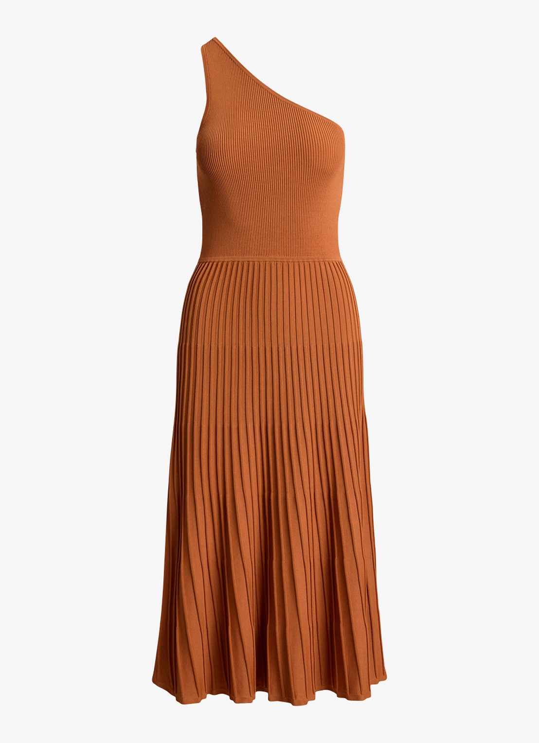 Ralph Lauren One shoulder midi jurk met ribstructuur - voorkant red terracotta / rood