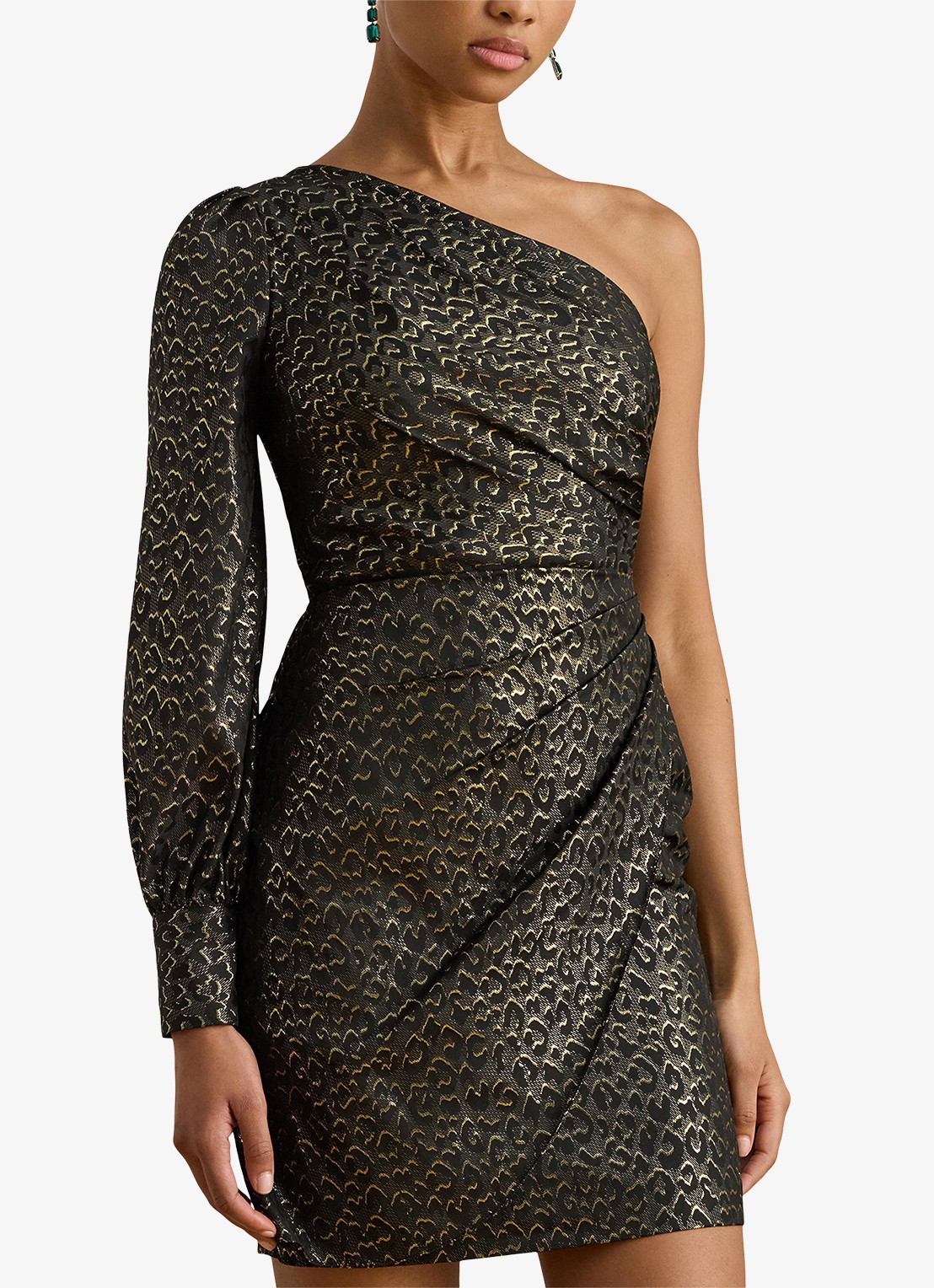 Ralph Lauren One shoulder mini kokerjurk met panterprint  - detail black - gold metallic / zwart - goud