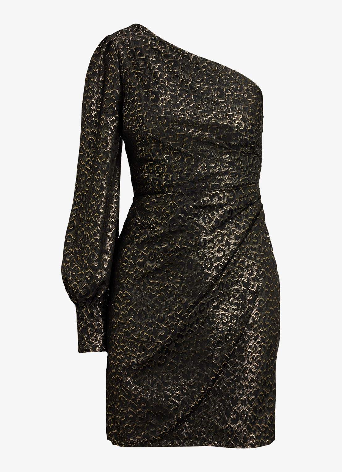 Ralph Lauren One shoulder mini kokerjurk met panterprint  - voorkant 3 black - gold metallic / zwart - goud
