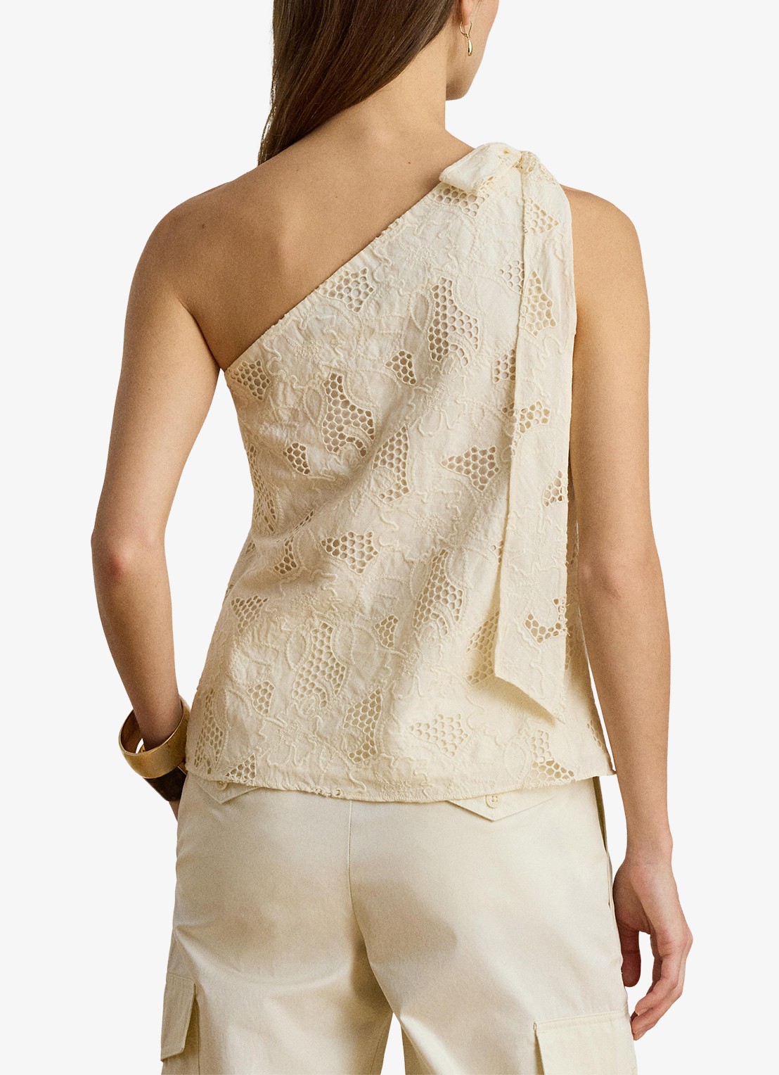 Ralph Lauren One shoulder top met broderie en strikdetail - achterkant 5 creme