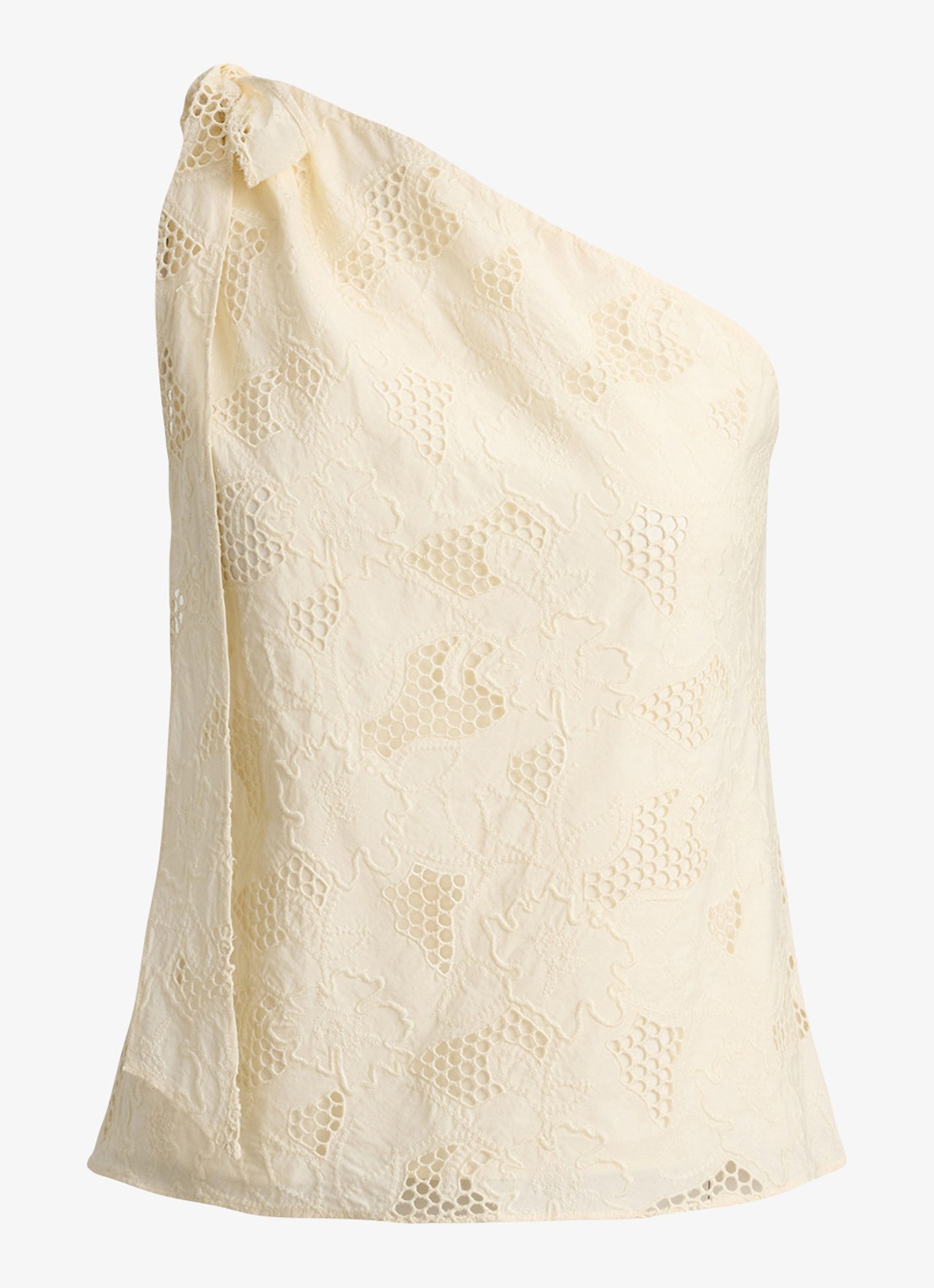 Ralph Lauren One shoulder top met broderie en strikdetail - voorkant creme
