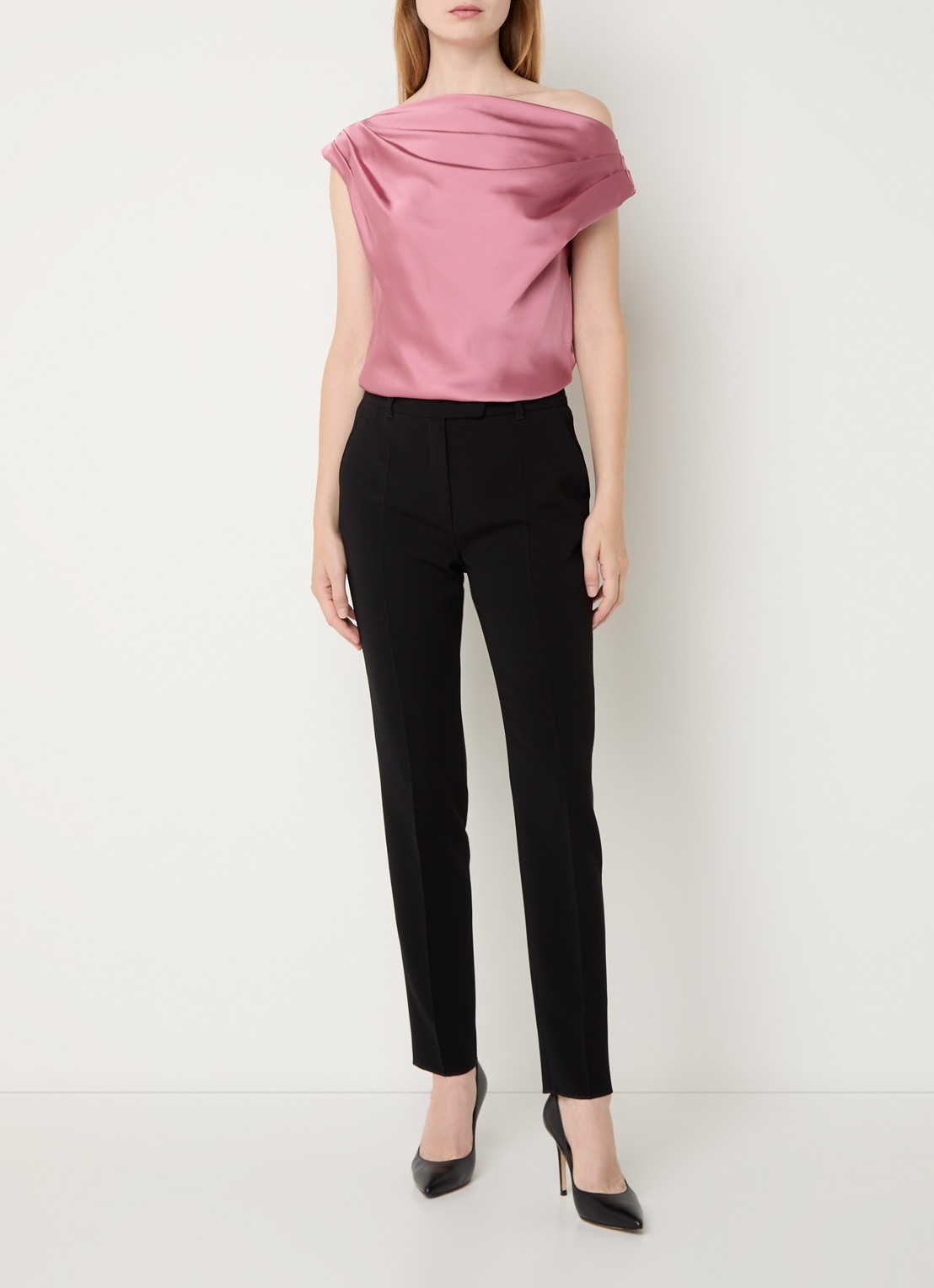 Ralph Lauren One shoulder top van satijn met plooidetail - voorkant 5 rose blush / roze