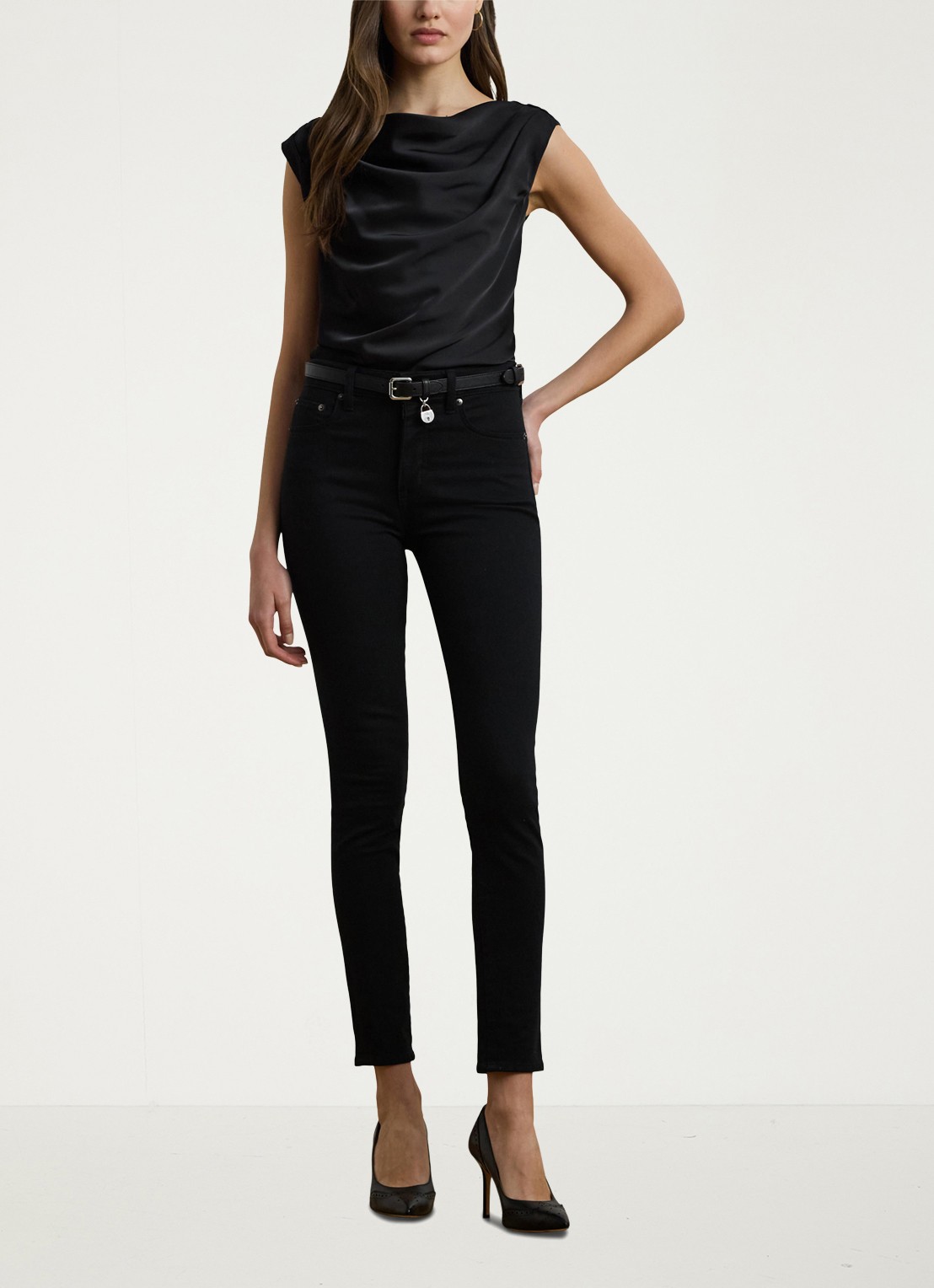 Ralph Lauren One shoulder top van satijn met plooidetail - voorkant 2 black / zwart