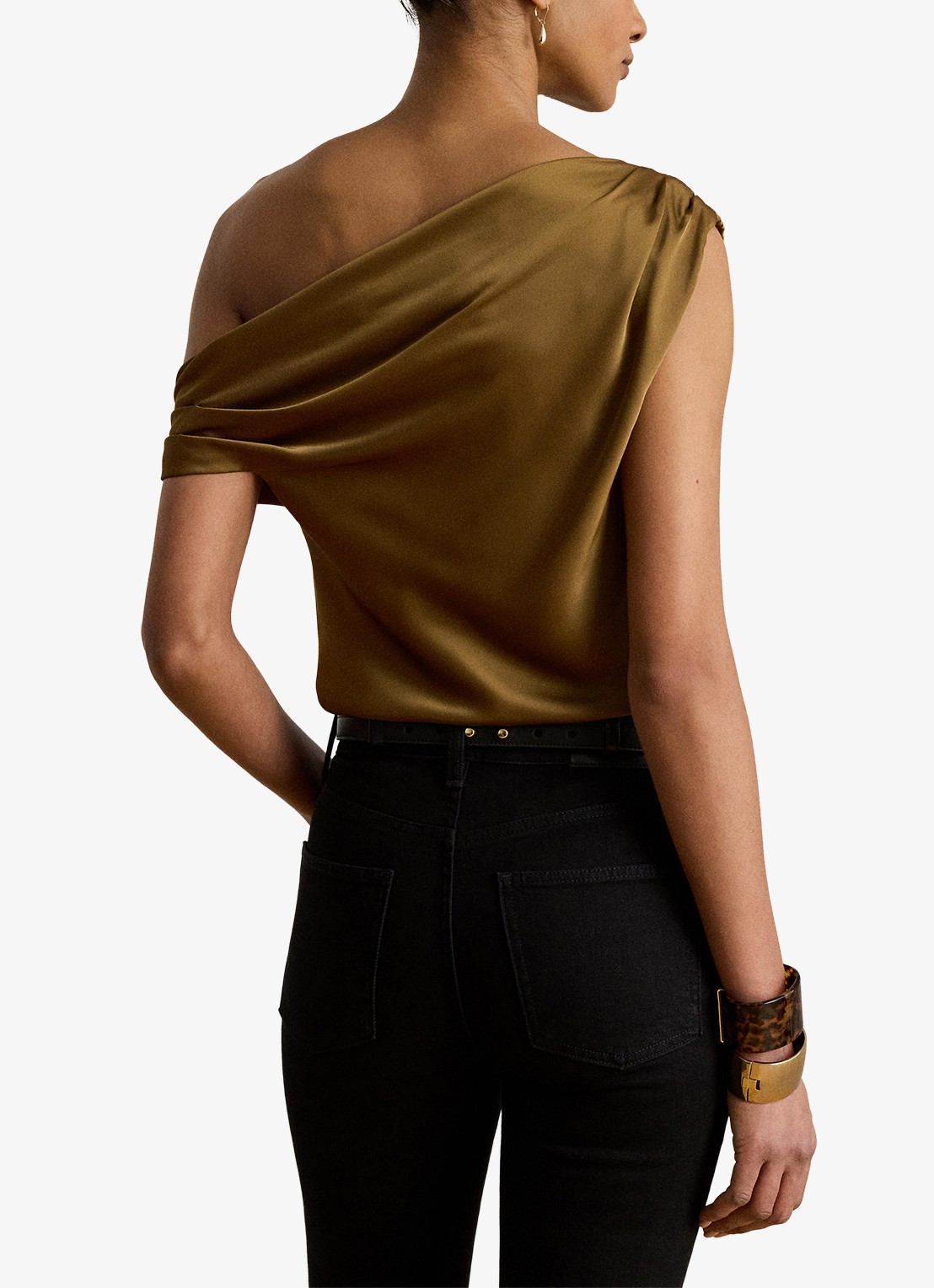 Ralph Lauren One shoulder top van satijn met plooidetail - achterkant 3 tobacco bronze / bruin