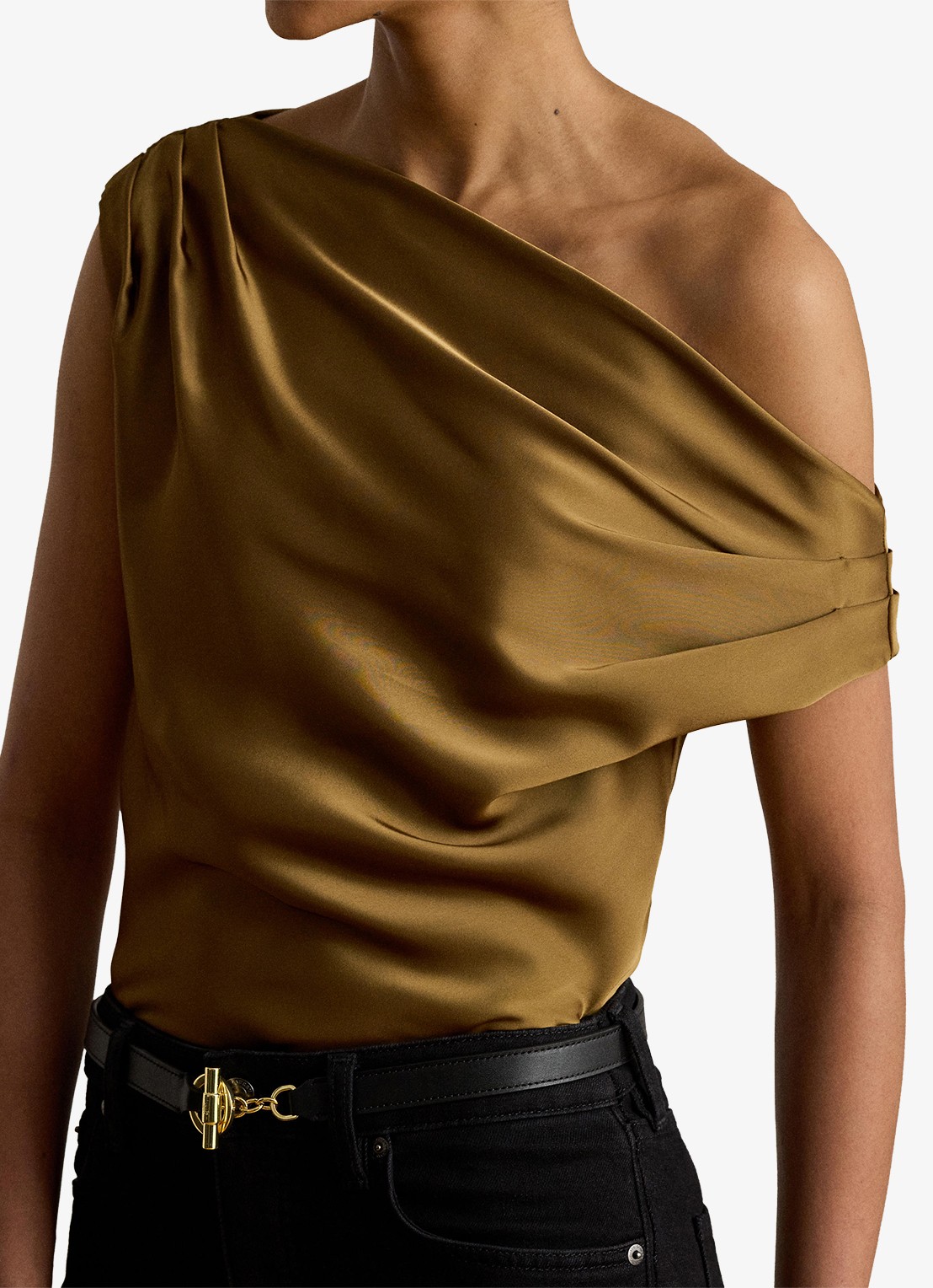 Ralph Lauren One shoulder top van satijn met plooidetail - detail 5 tobacco bronze / bruin