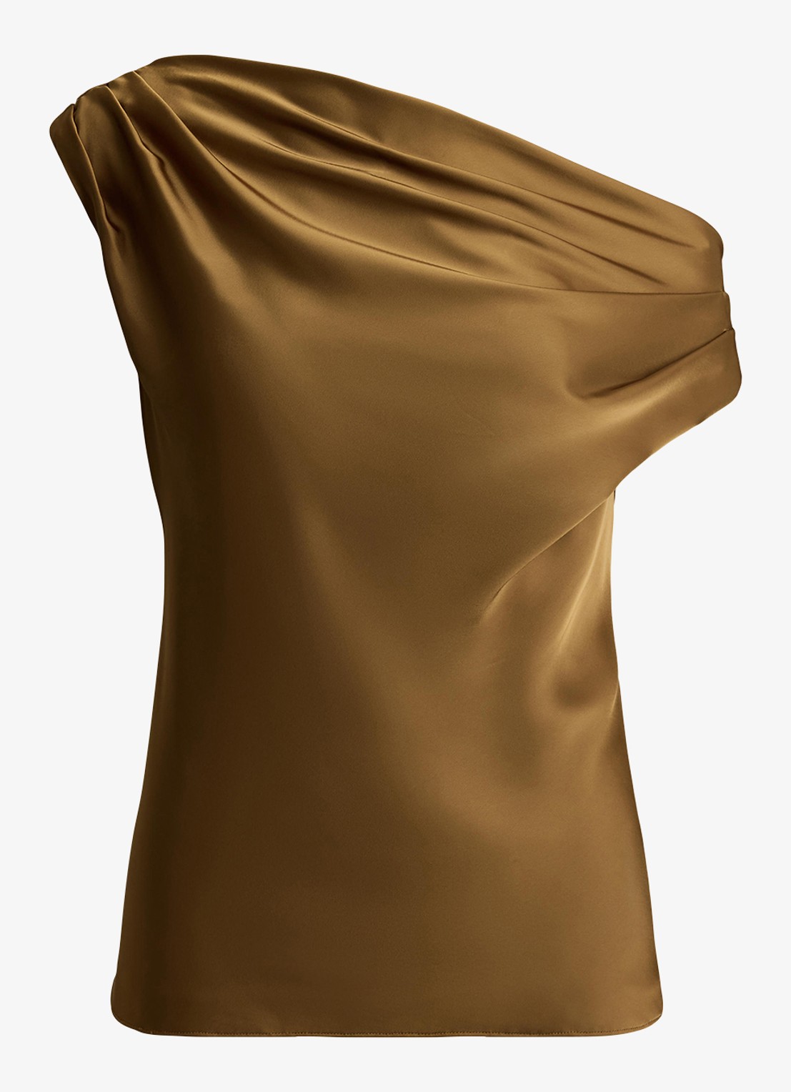 Ralph Lauren One shoulder top van satijn met plooidetail - voorkant tobacco bronze / bruin