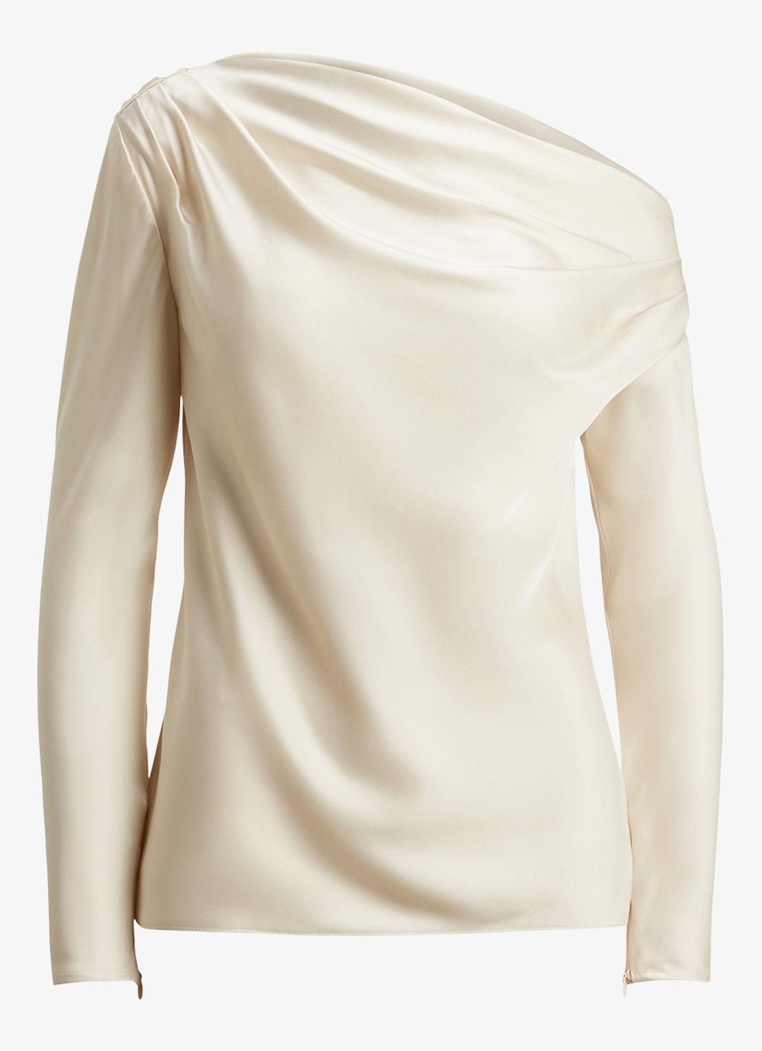 Ralph Lauren One shoulder tuniek van satijn met plooidetails - voorkant creme