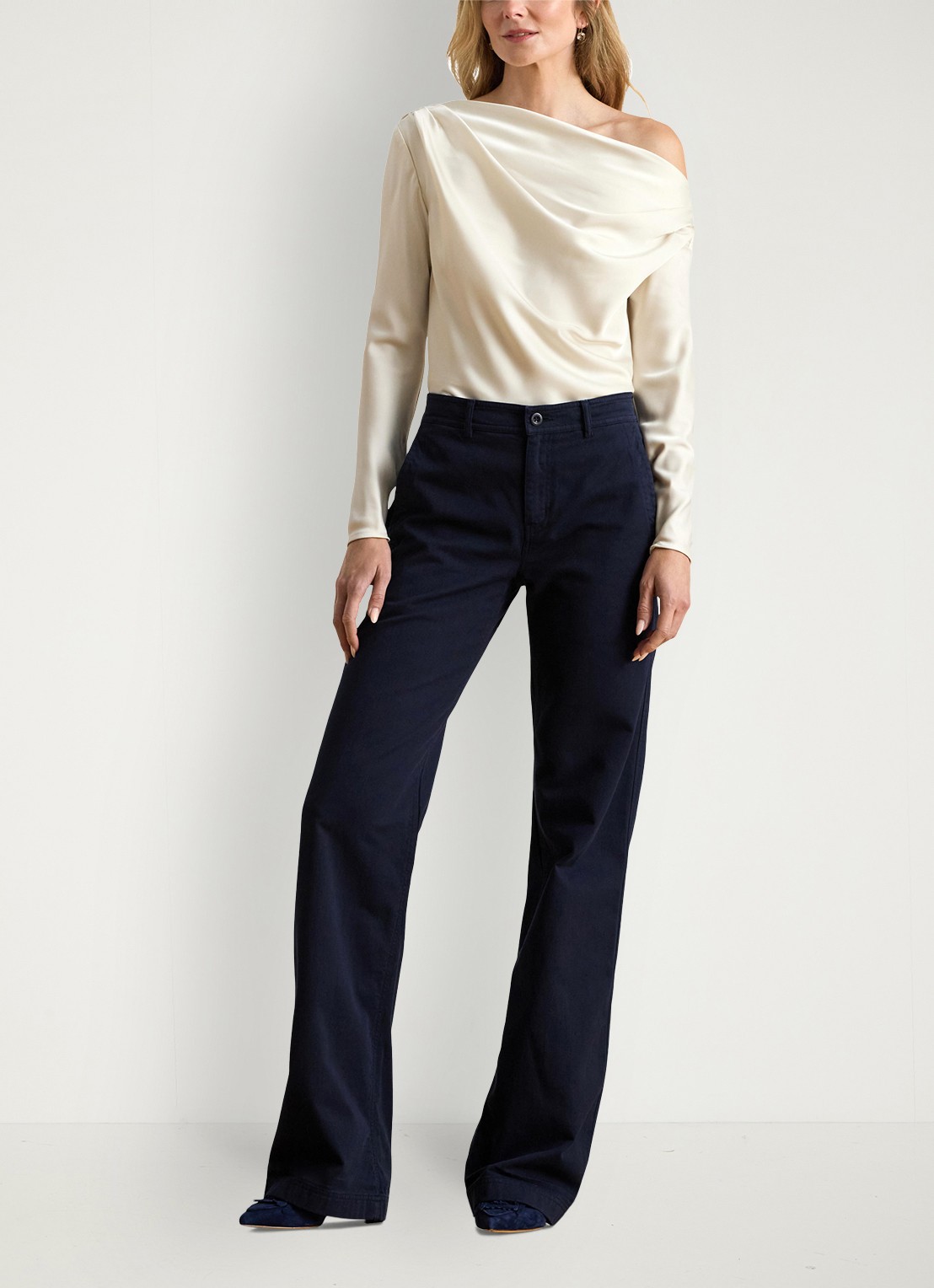 Ralph Lauren One shoulder tuniek van satijn met plooidetails - voorkant 2 creme