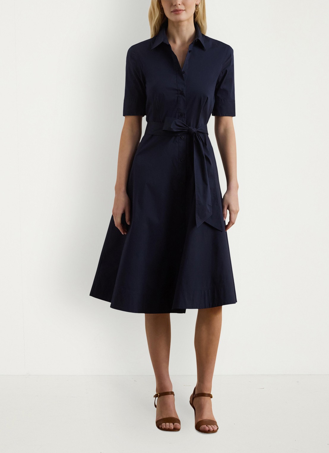 Ralph Lauren Overhemdjurk van katoenmix met ceintuur - voorkant blauw