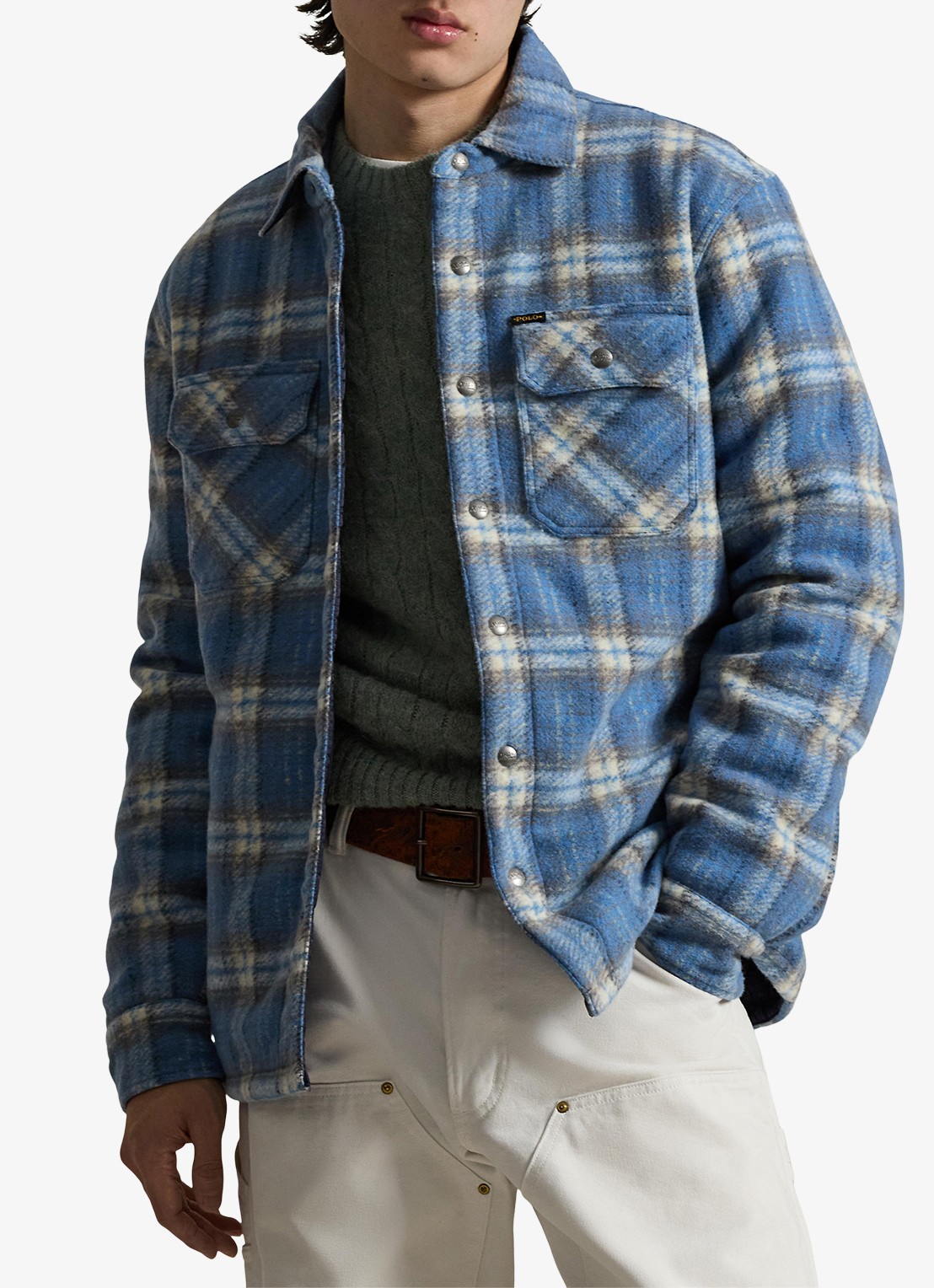 Ralph Lauren Overshirt in wolblend met ruitdessin en borstzakken - detail 4 blue plaid / blauw