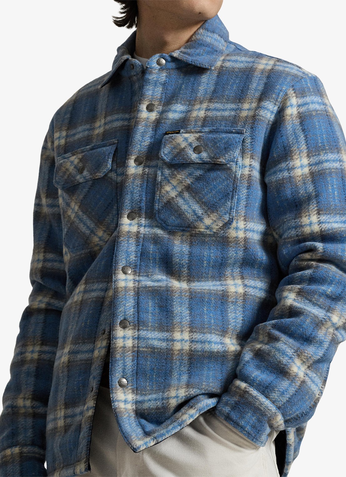 Ralph Lauren Overshirt in wolblend met ruitdessin en borstzakken - detail 5 blue plaid / blauw