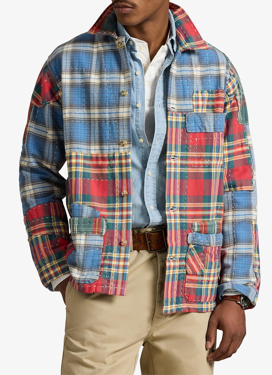 Ralph Lauren Overshirt met ruitdessin en patchwork - detail 3 valley peicing / rood