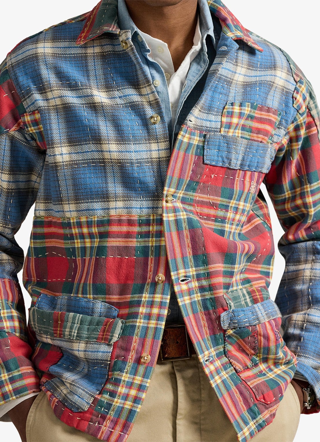 Ralph Lauren Overshirt met ruitdessin en patchwork - detail 4 valley peicing / rood
