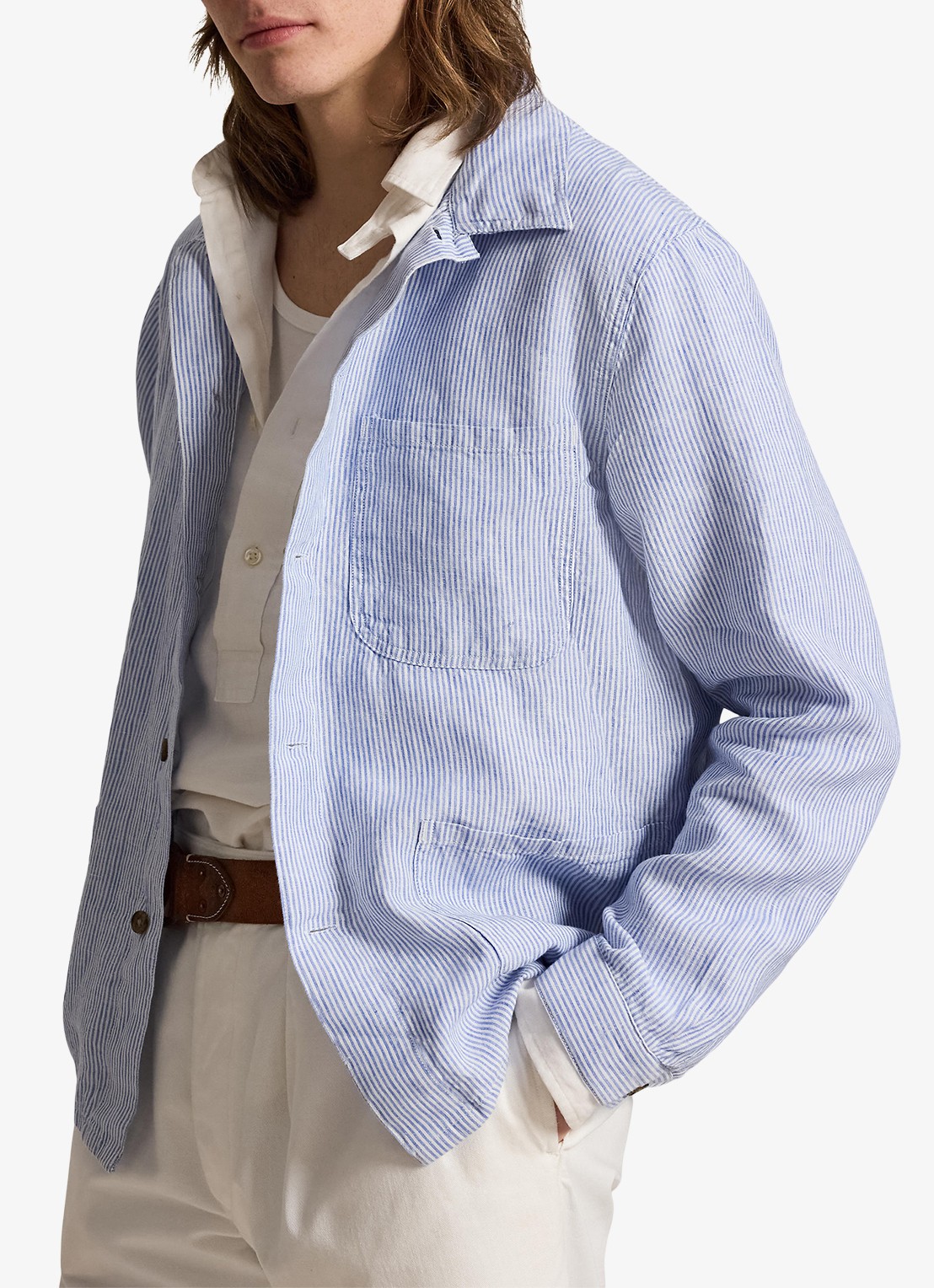 Ralph Lauren Overshirt van linnen met streepprint - detail 2 cabana blue white / blauw