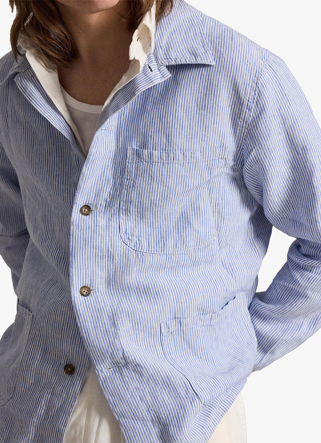 Ralph Lauren Overshirt van linnen met streepprint - detail 3 cabana blue white / blauw