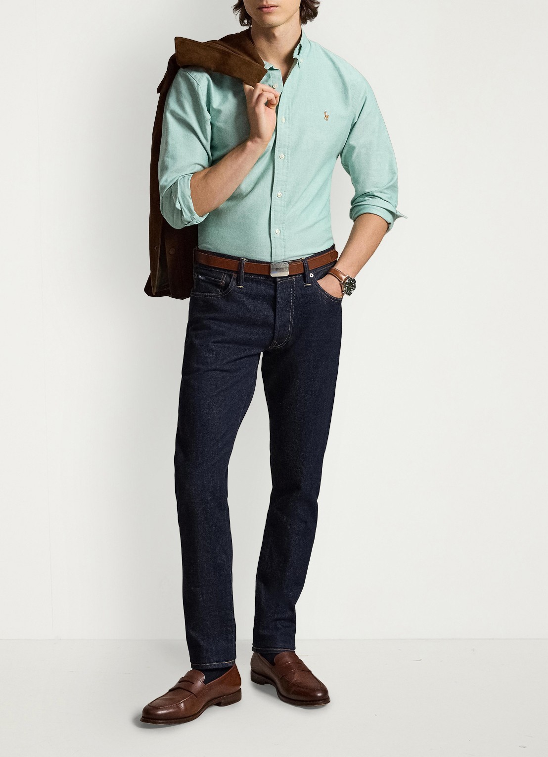 Ralph Lauren Oxford custom fit overhemd met button down kraag - detail scarab green / lichtgroen