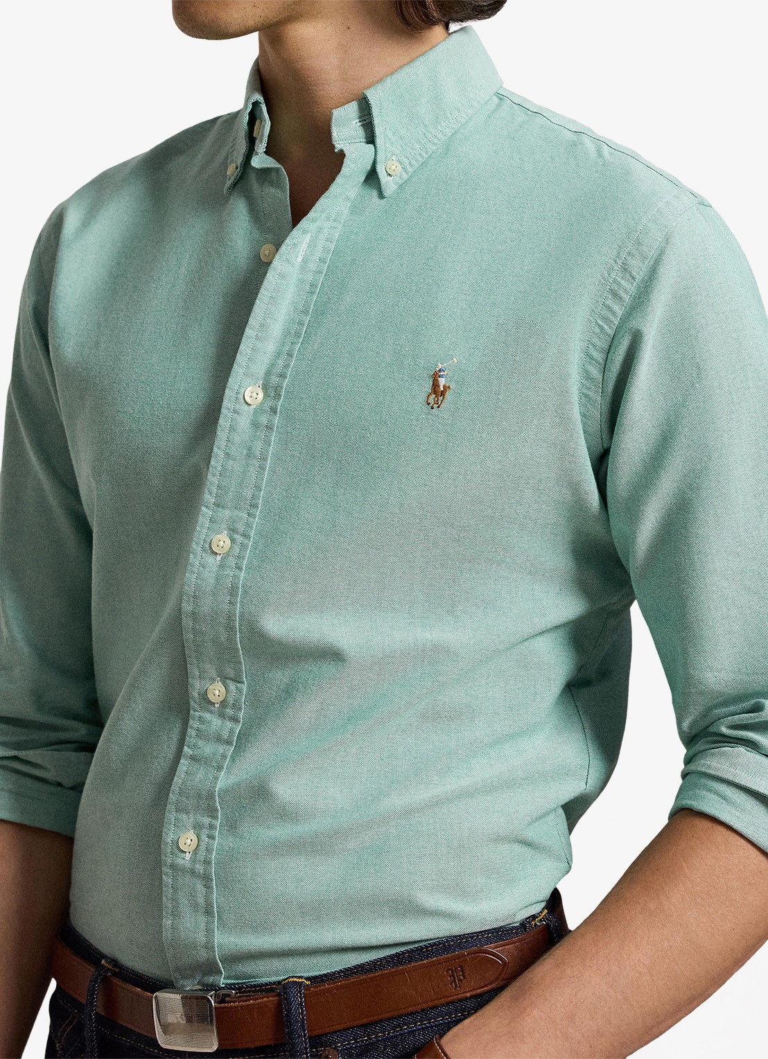 Ralph Lauren Oxford custom fit overhemd met button down kraag - detail 2 scarab green / lichtgroen