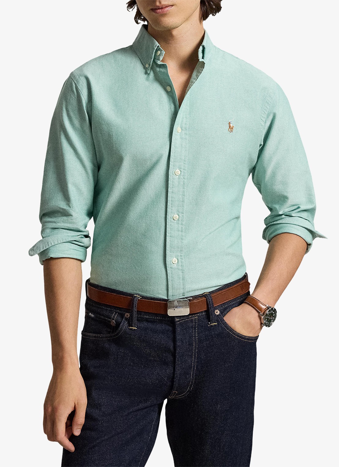 Ralph Lauren Oxford custom fit overhemd met button down kraag - voorkant 5 scarab green / lichtgroen