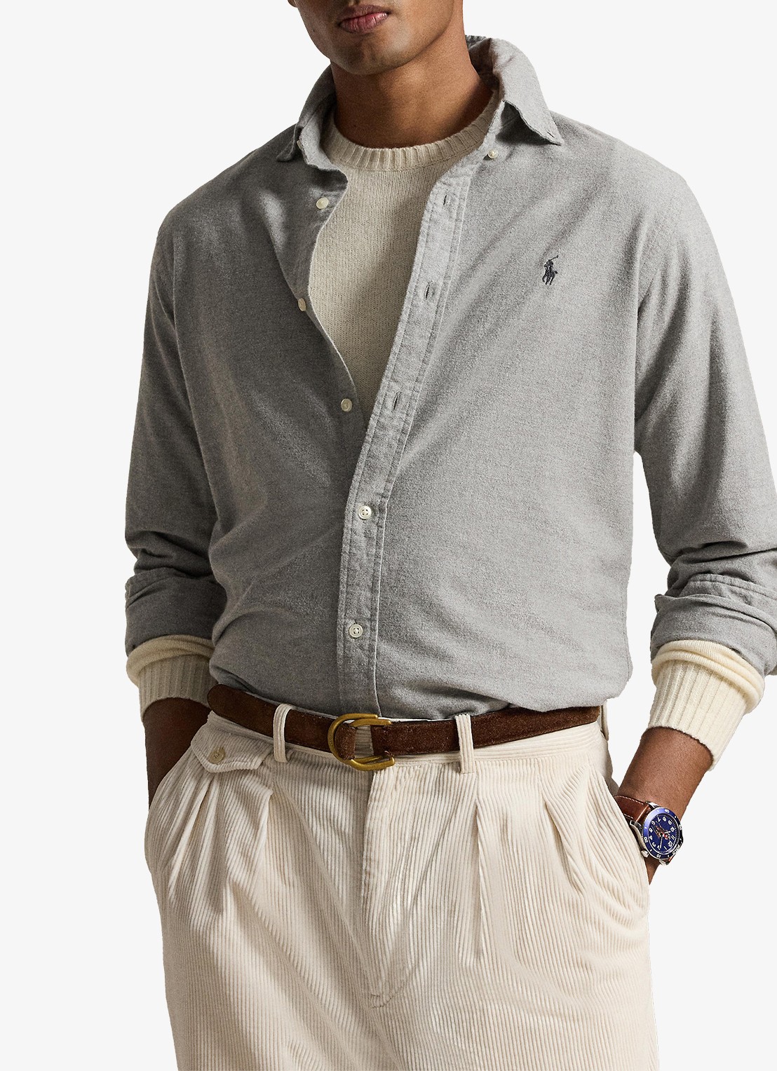 Ralph Lauren Oxford custom fit overhemd met gemêleerd dessin - voorkant 5 andover heather / grijs