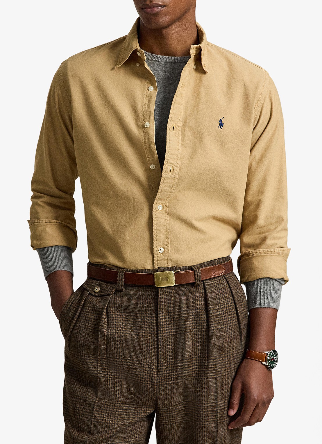 Ralph Lauren Oxford custom fit overhemd met logoborduring - voorkant 2 classic camel / camel