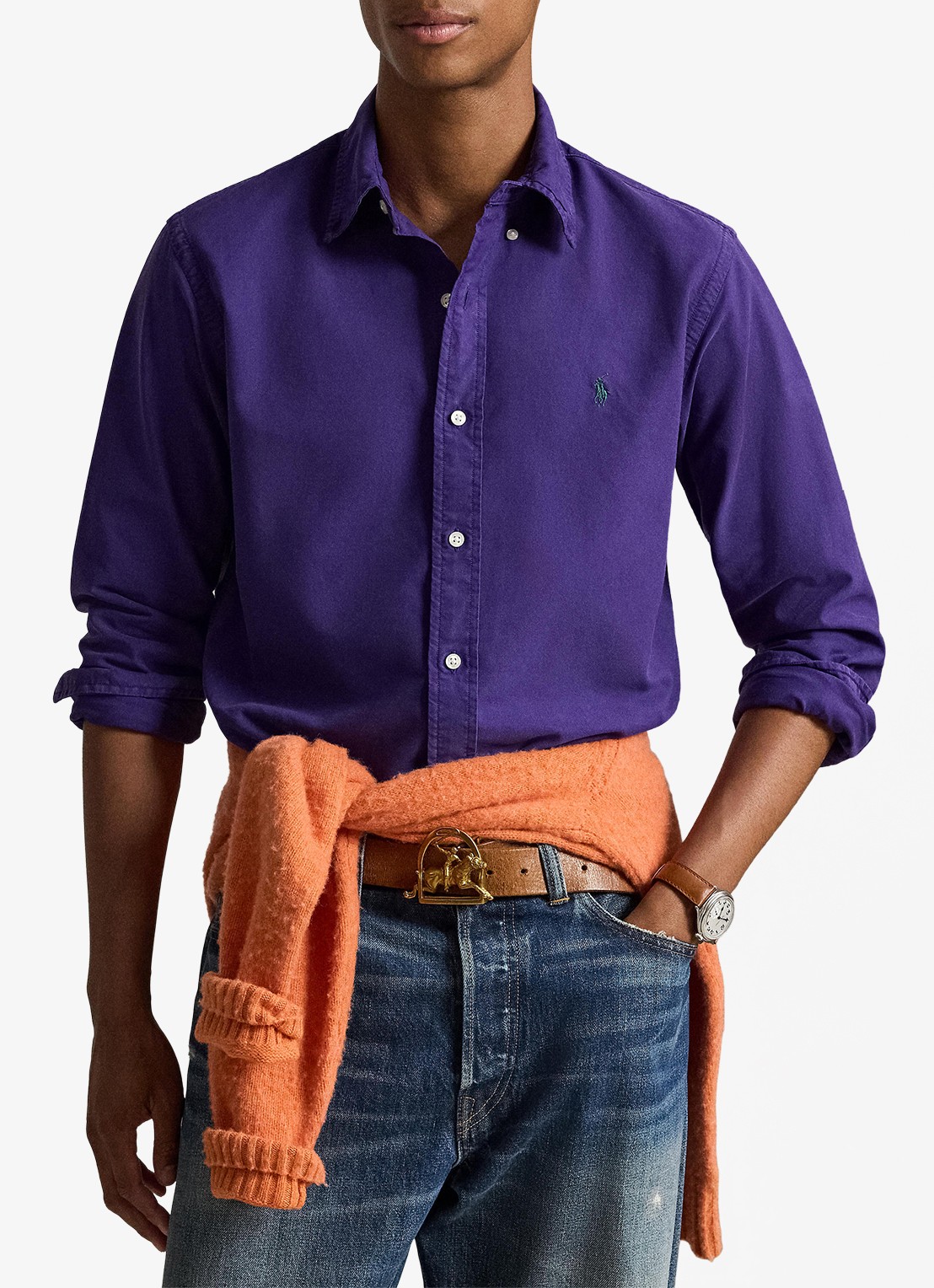 Ralph Lauren Oxford custom fit overhemd met logoborduring - voorkant 4 medieval purple / paars
