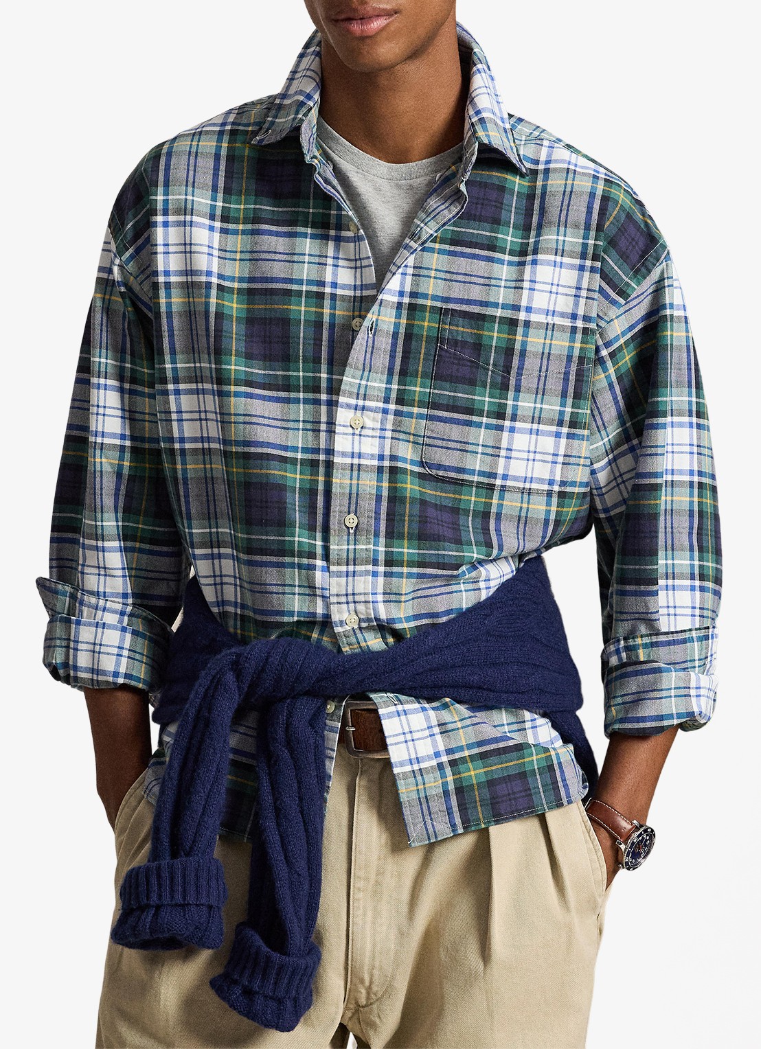 Ralph Lauren Oxford relaxed fit overhemd met ruitdessin - voorkant 5 white/green multi / wit/groen