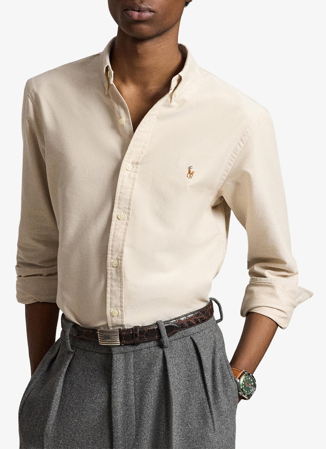 Ralph Lauren Oxford slim fit overhemd met button down kraag - voorkant 5 camel/white / camel