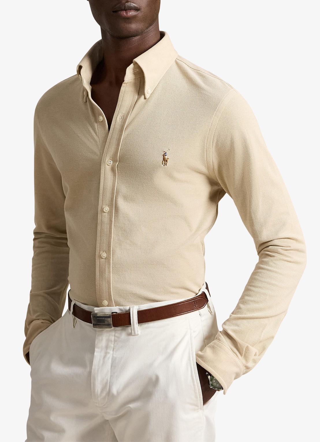 Ralph Lauren Oxford slim fit overhemd met logo - detail coastal beige / beige