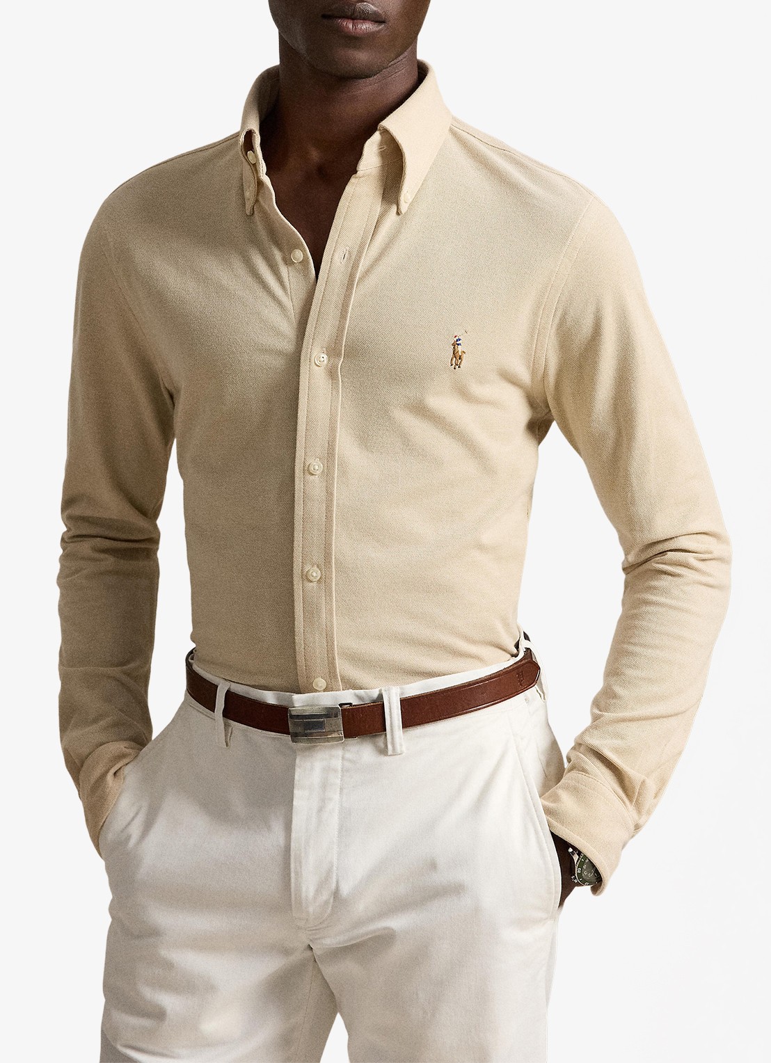 Ralph Lauren Oxford slim fit overhemd met logo - voorkant 4 coastal beige / beige