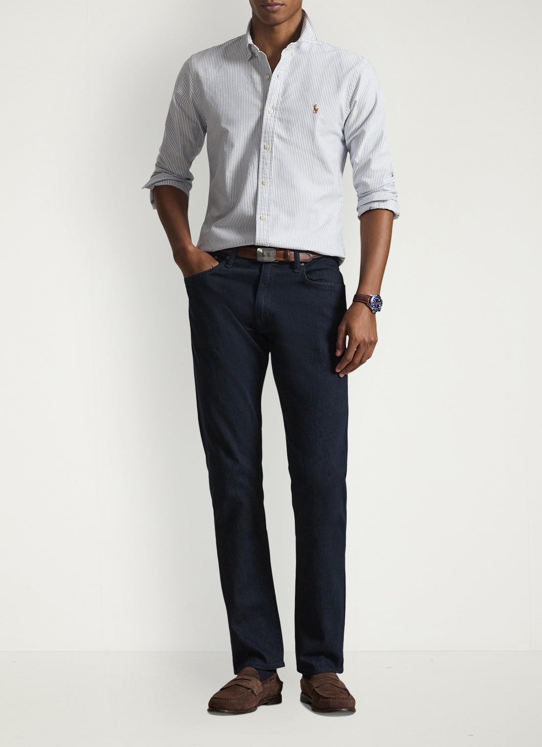 Ralph Lauren Oxfort slim fit overhemd met streepprint - voorkant 2 navy white / blauw